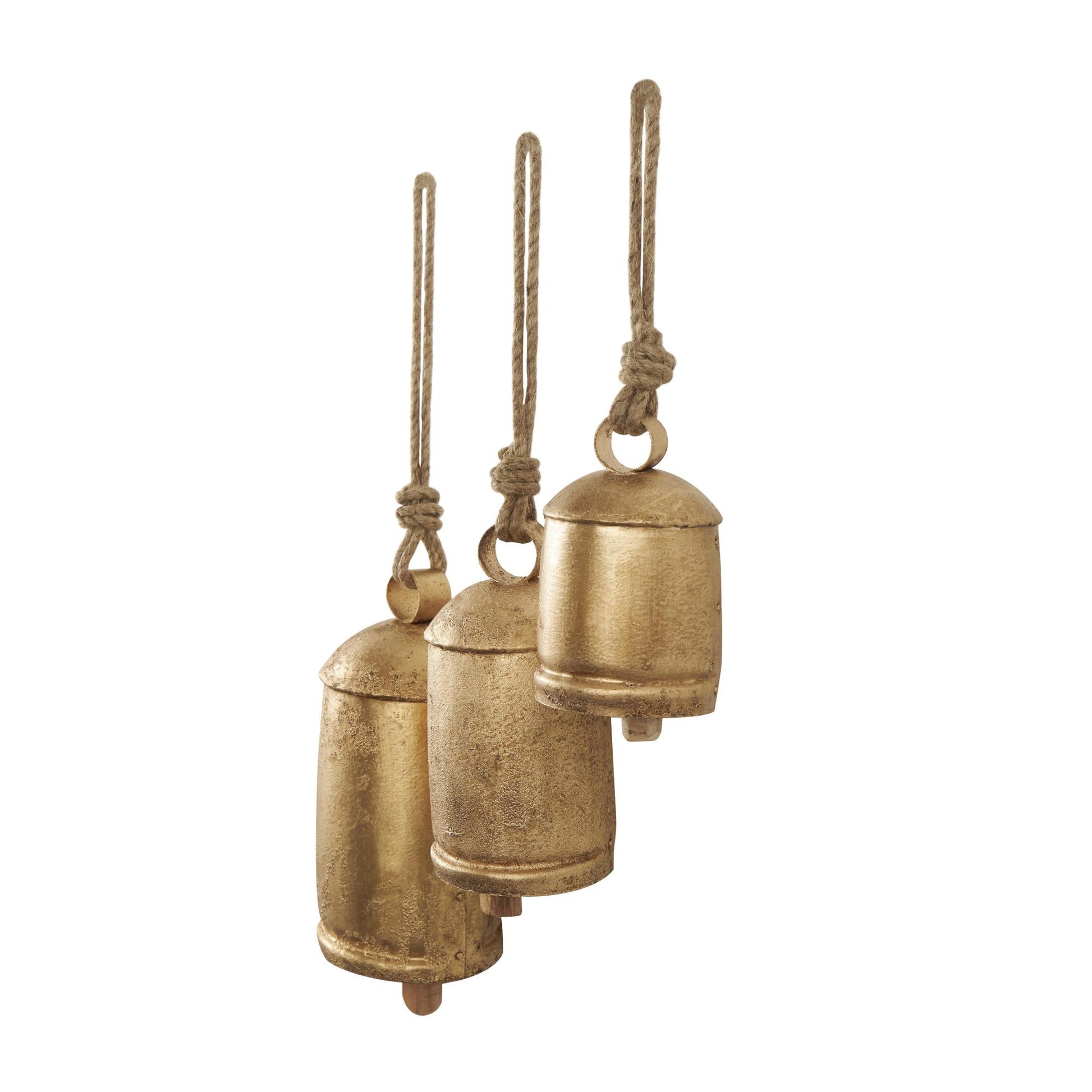 Set of 3 Metal Cluster Indoor Outdoor Decorative Cow Bells with Jute Hanging Rope Set of 3 10",8",6"H
