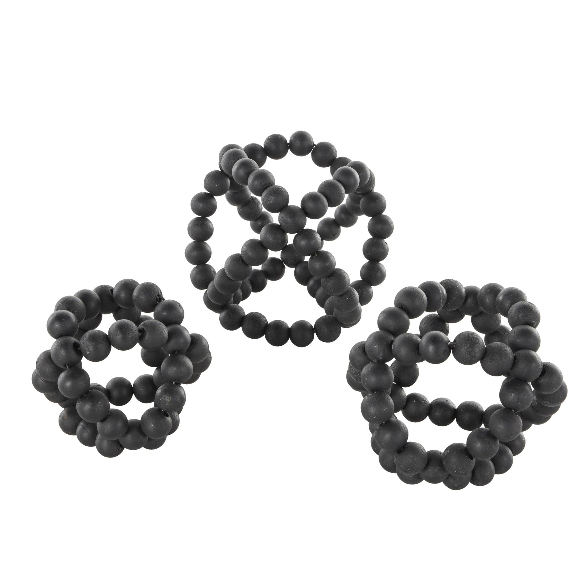 Set of 3 Black Wood Beaded Decorative Orbs & Vase Filler with Overlapping Rings