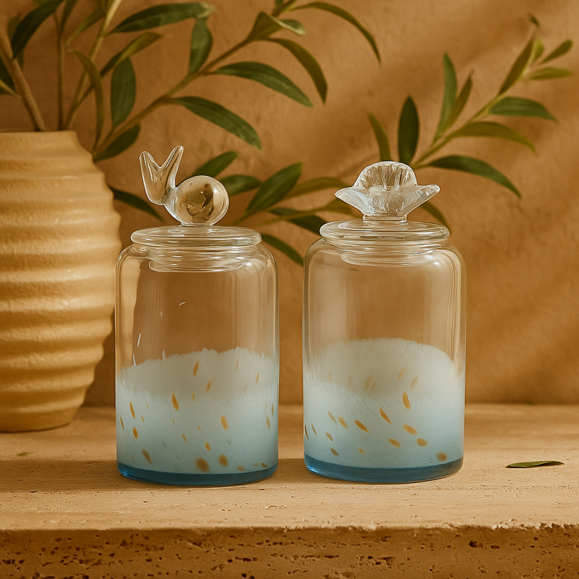 Set of 2 Shell Blue Glass Handmade Living Room Decorative Jars with Whale and Seashell Tops