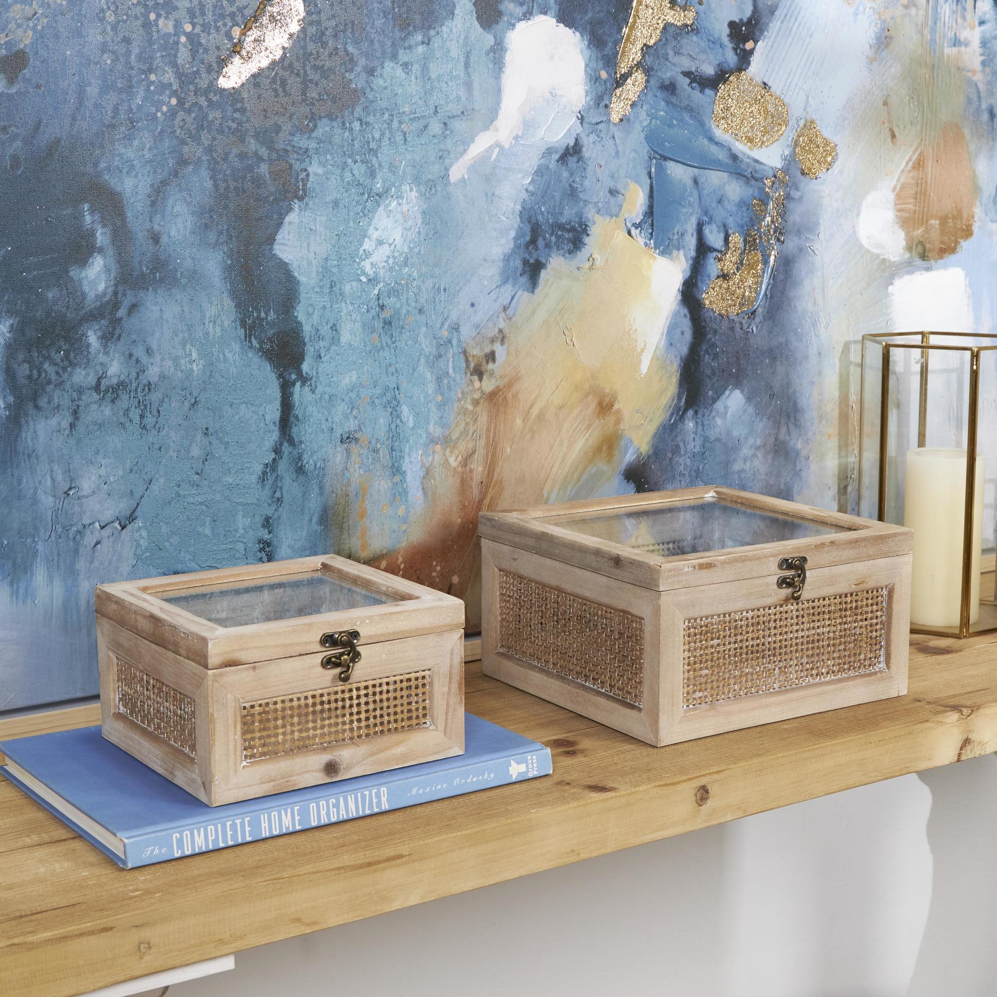 Set of 2 Light Brown Wood Glass Top Decorative Box with Rattan Side Panels and Bronze Hook Closures