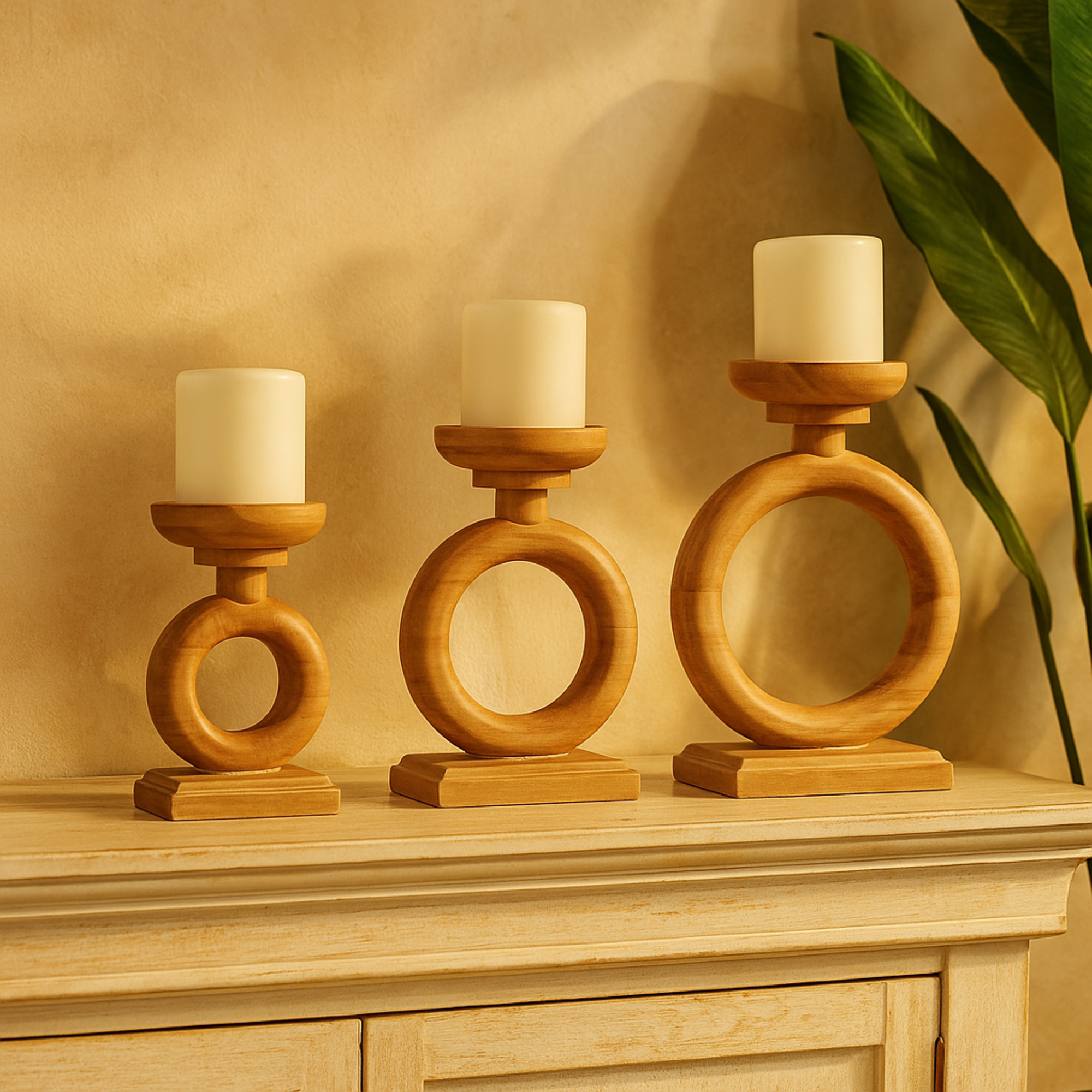 Set of 3 Brown Wood Circular Ring Decorative Candle Holder