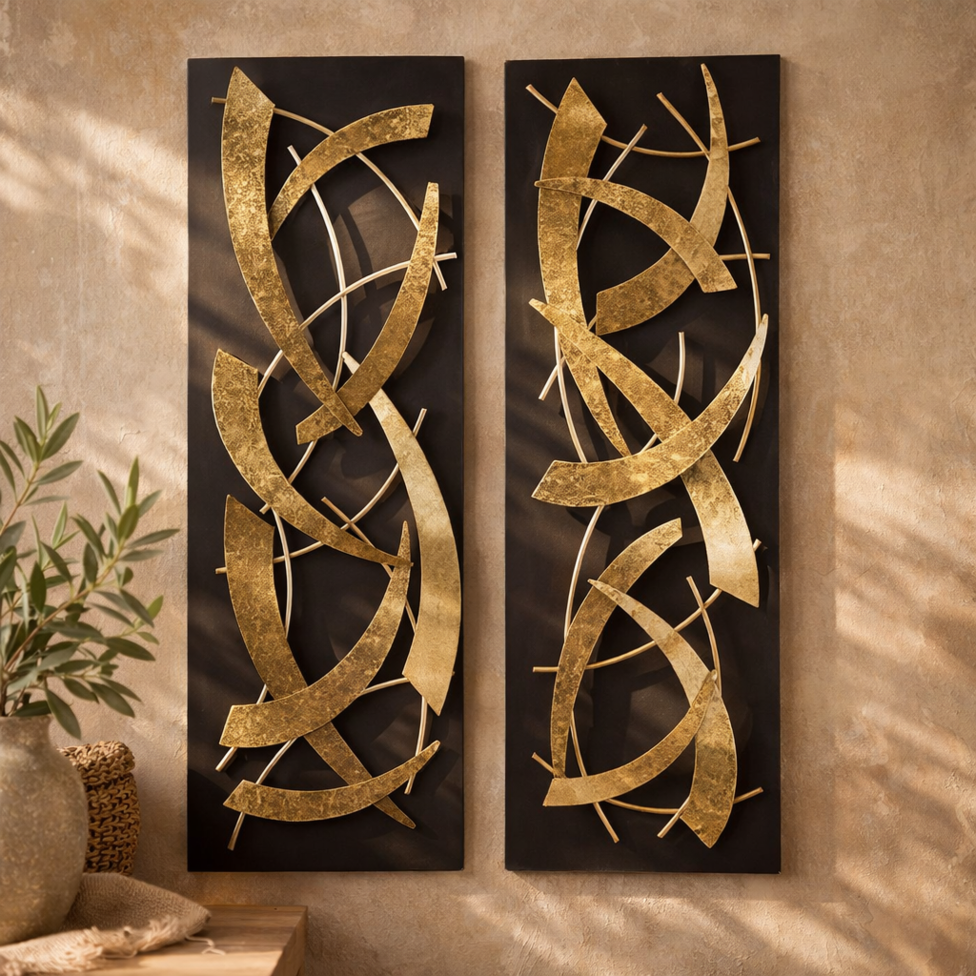 Set of 2 Abstract Metal Dimensional Home Wall Decor with Black Backing Set of 2 12"W, 36"H
