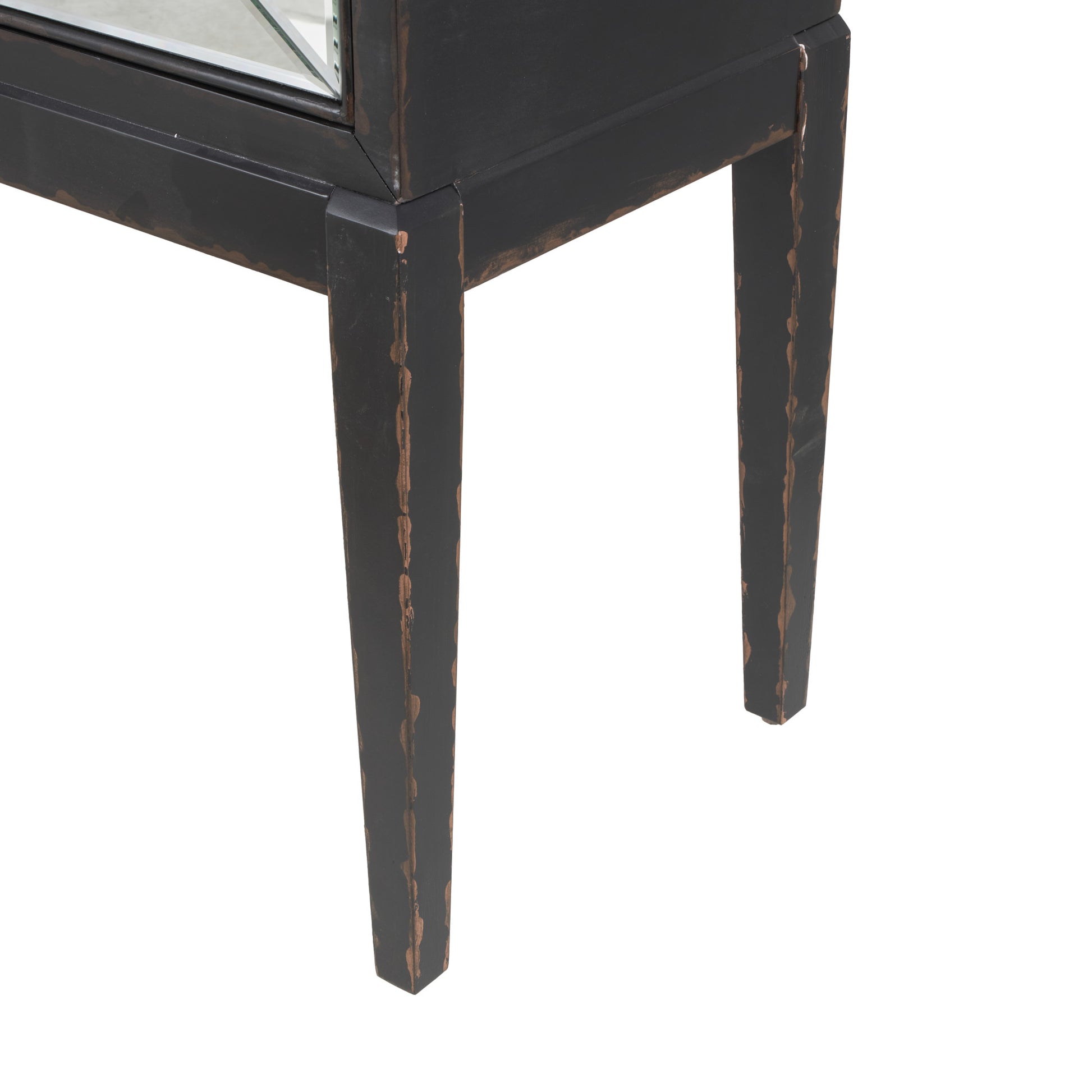 Geometric Black Wooden Distressed 4 Door Living Room Console Table with Square Mirrored Front Panels and Silver Rectangular Handles