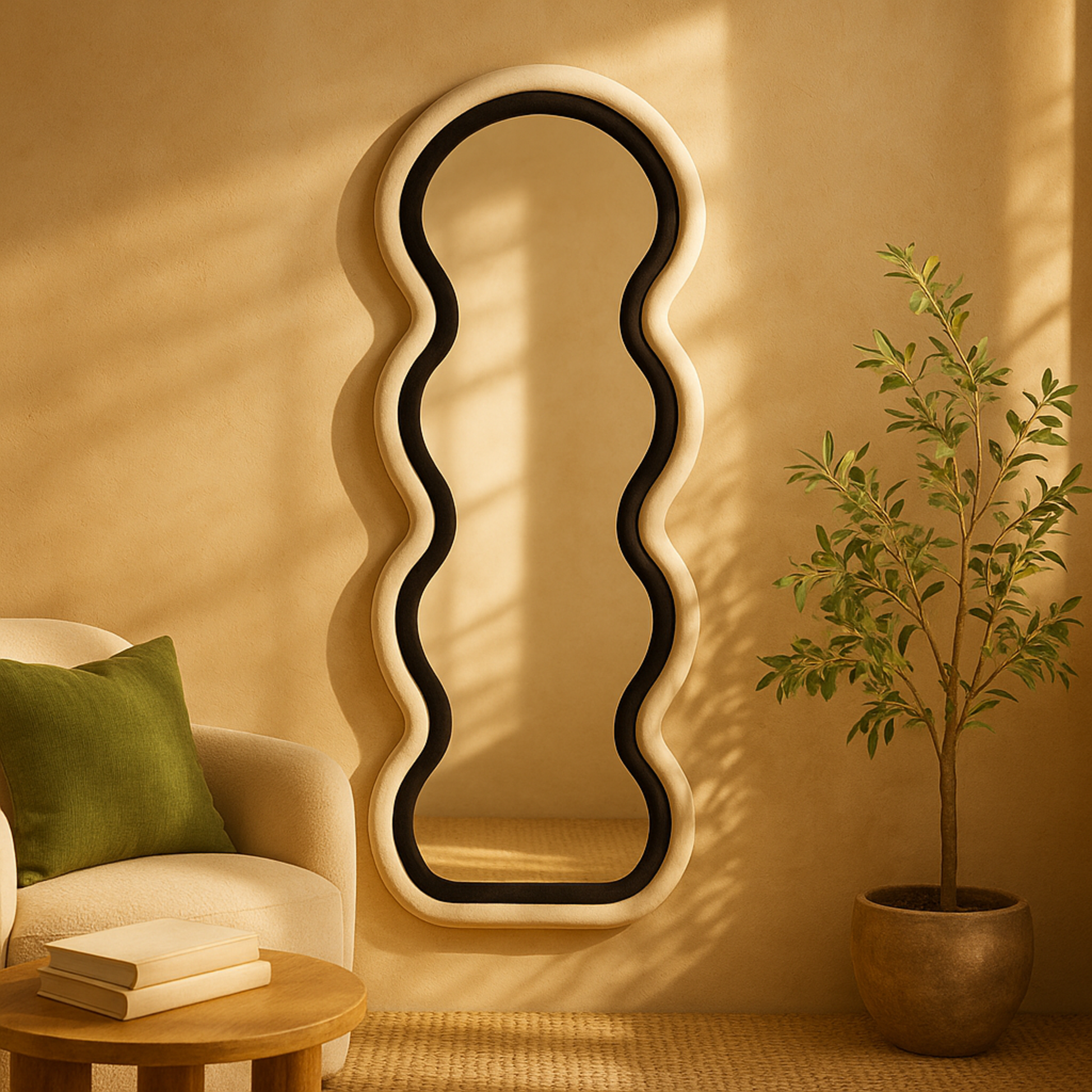 Black Velvet Abstract Wavy Room Wall Mirror with Layered Frame