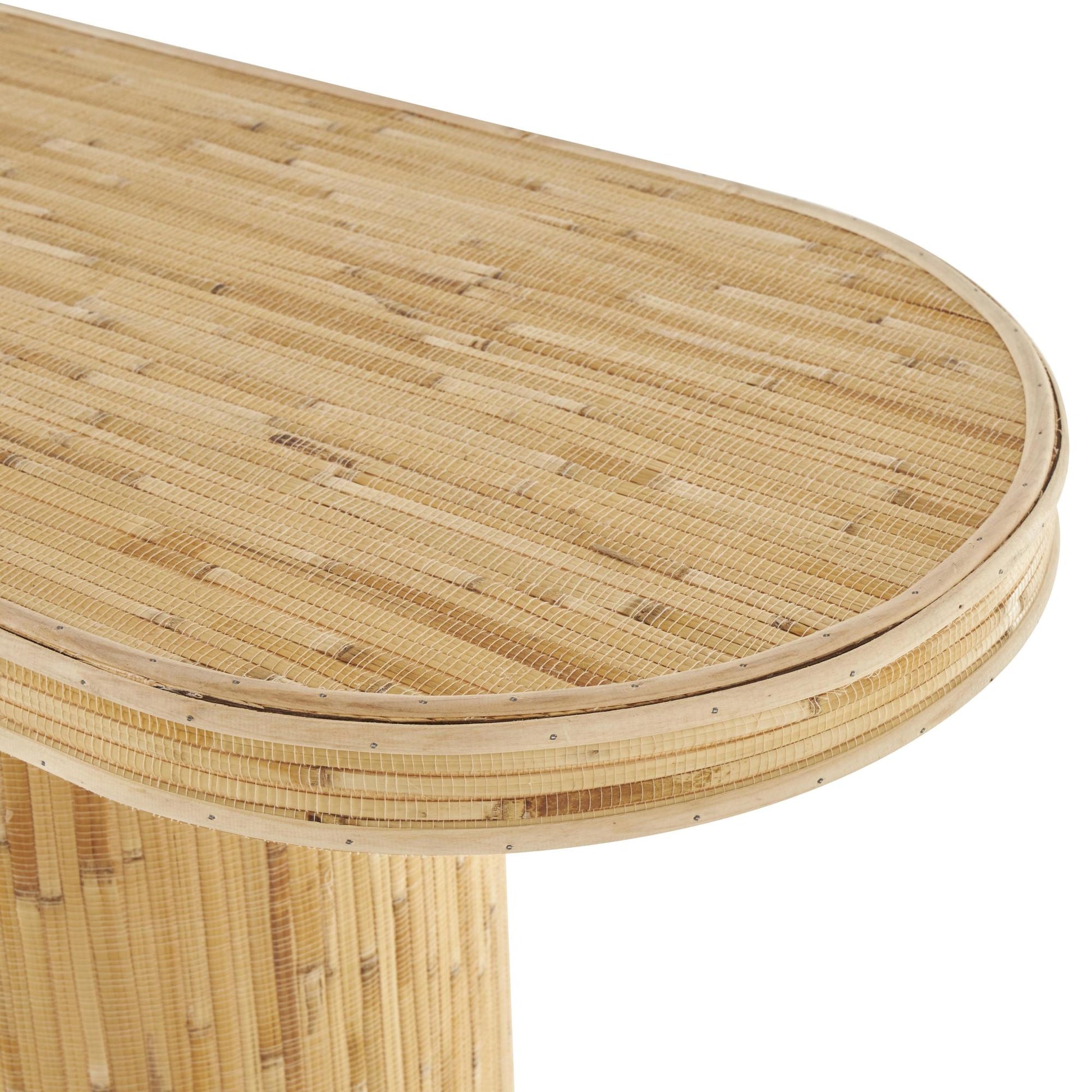 Brown Rattan Handmade Textured Oval Living Room Console Table with Linear Wood Strip Design
