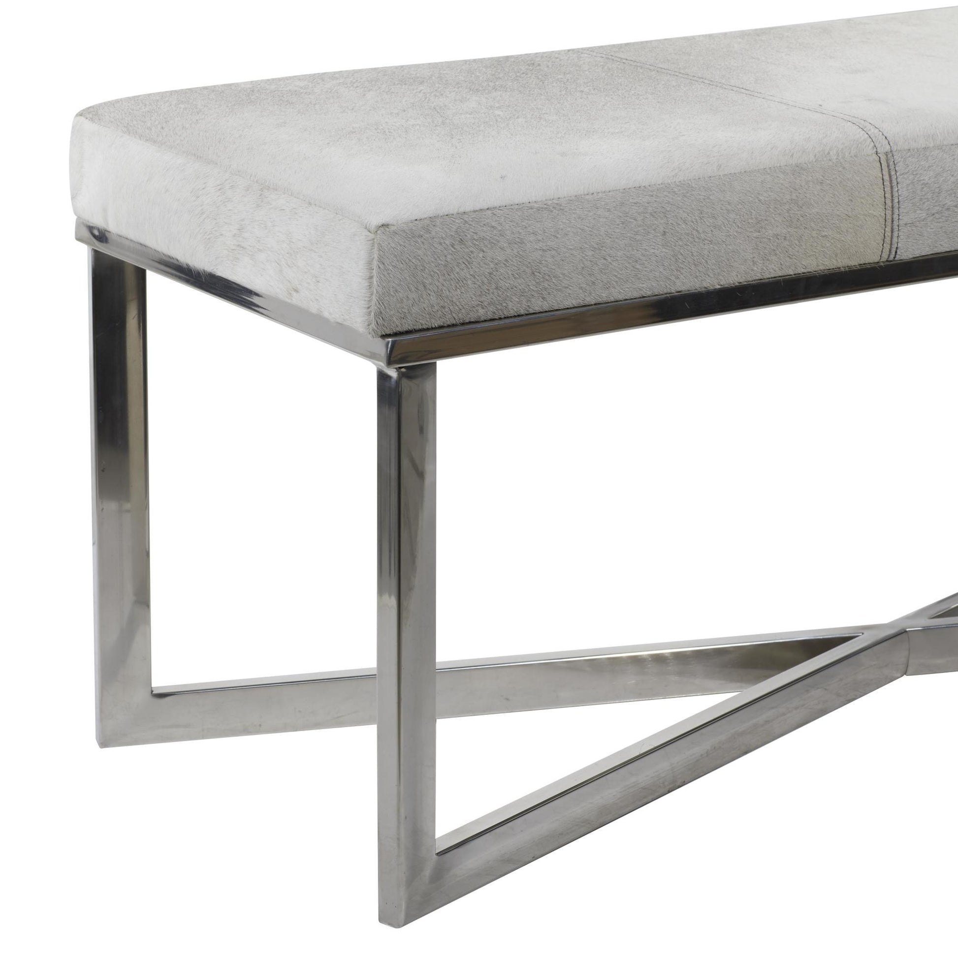 Gray Leather Handmade Cowhide Home Bench with Silver Metal Base