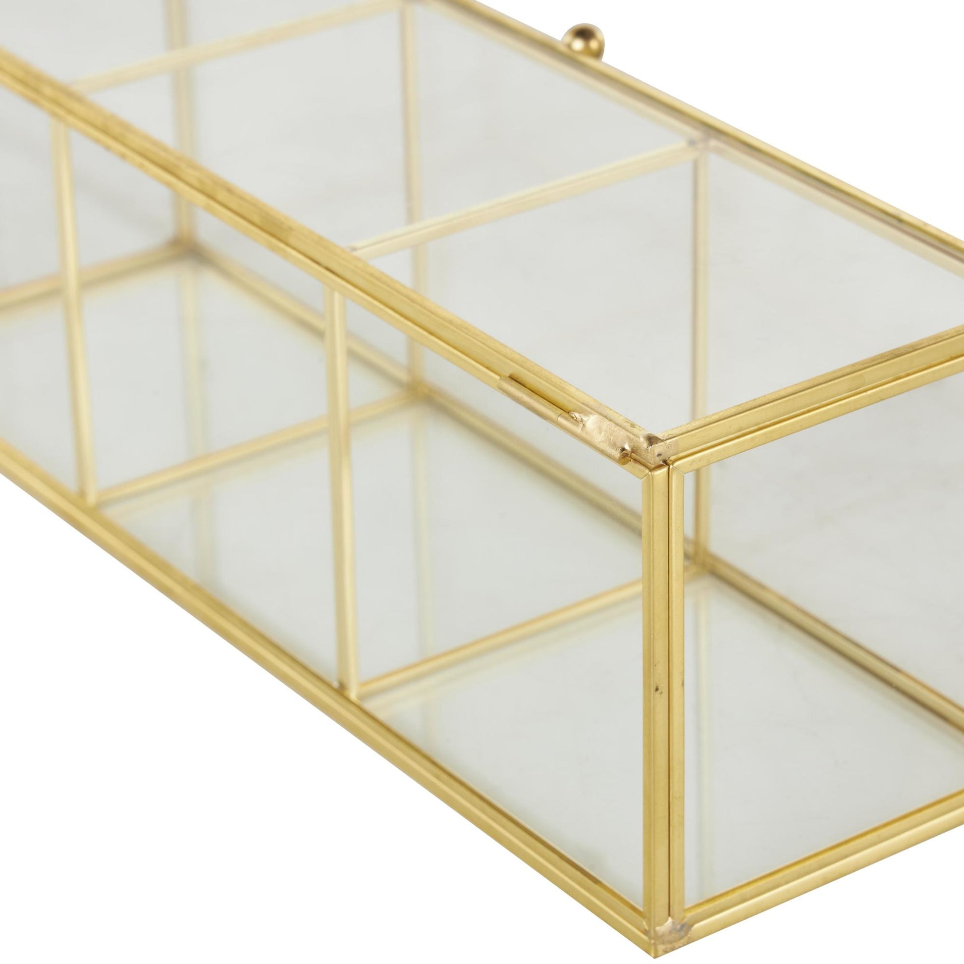 Clear Glass Slim Rectangular 3 Slot Decorative Jewelry Box with Gold Metal Frame and Chain Accent