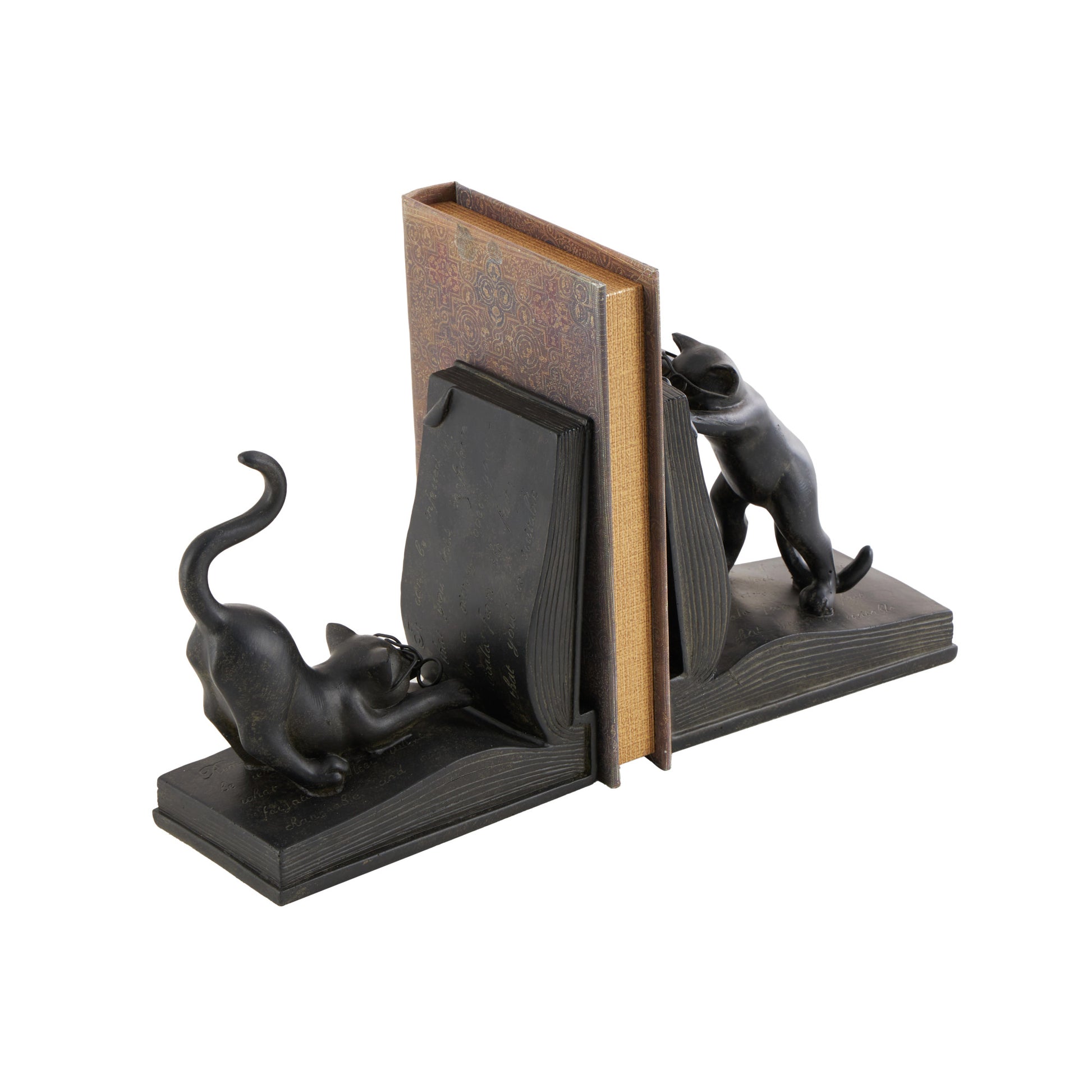 Set of 2 Cat Black Polystone Reading Decorative Bookends