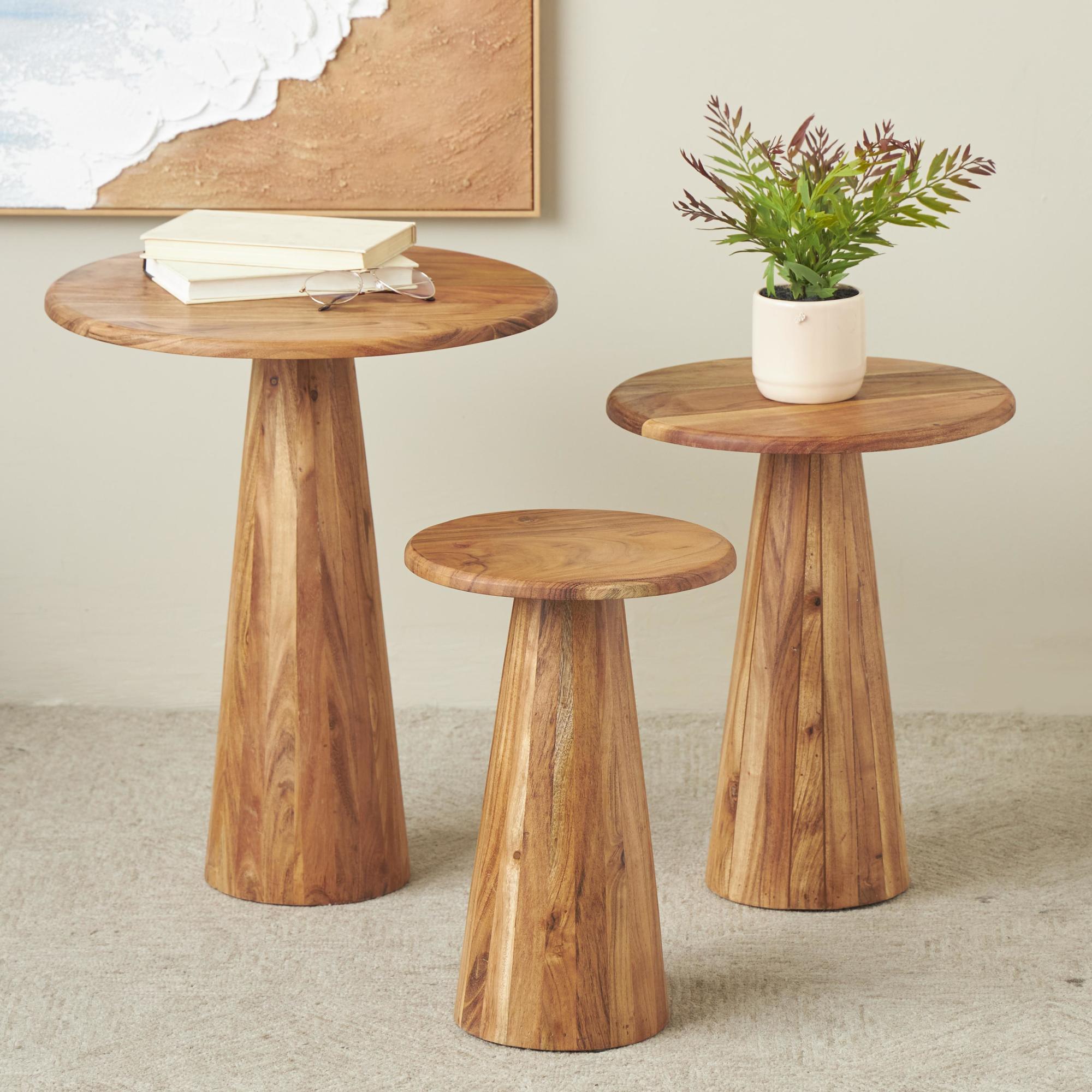 Set of 3 Wood Side End Accent Table with Natural Wood Grains and Cone Shaped Bases