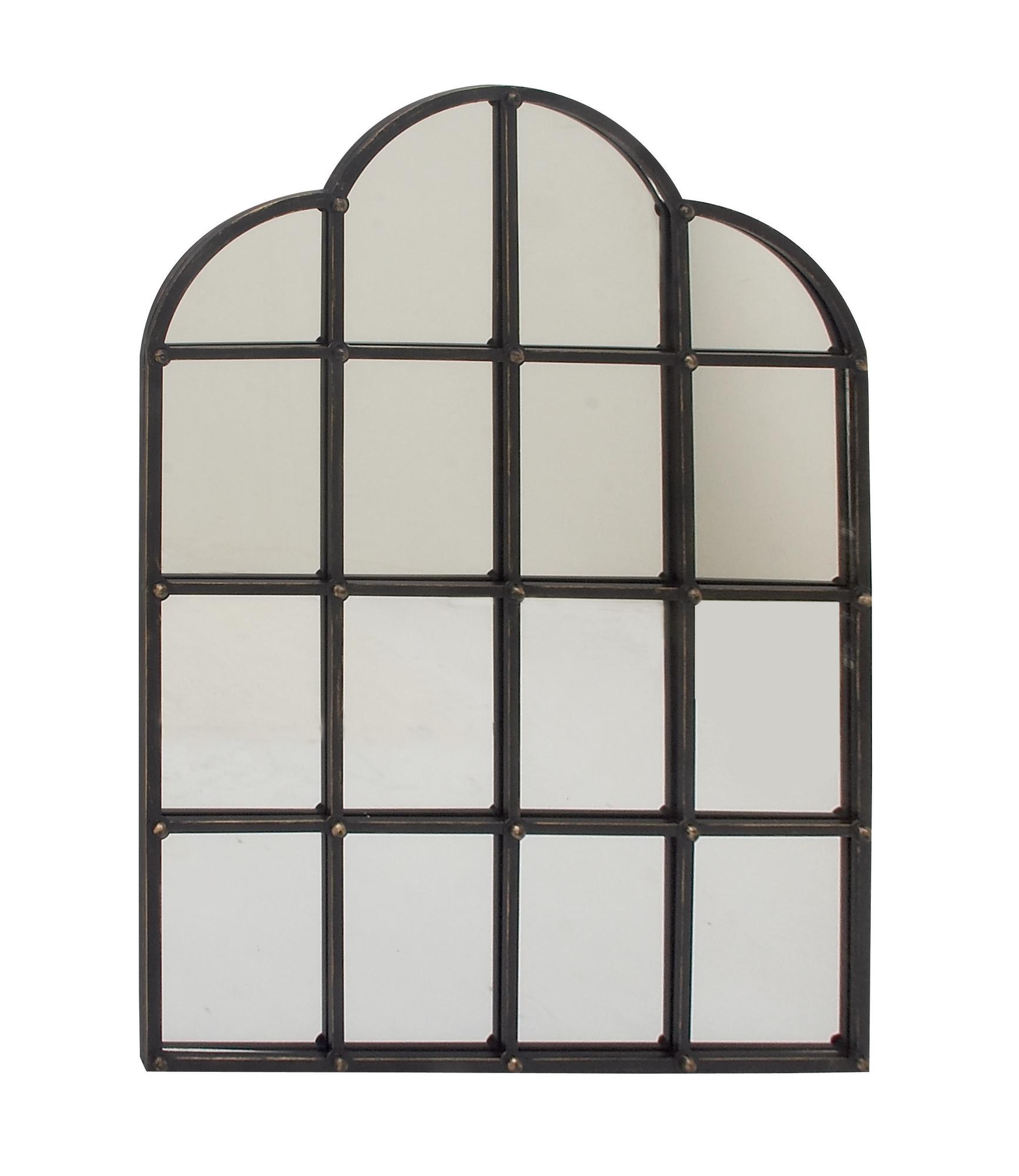 Black Metal Window Pane Inspired Room Wall Mirror with Arched Tops and Studs