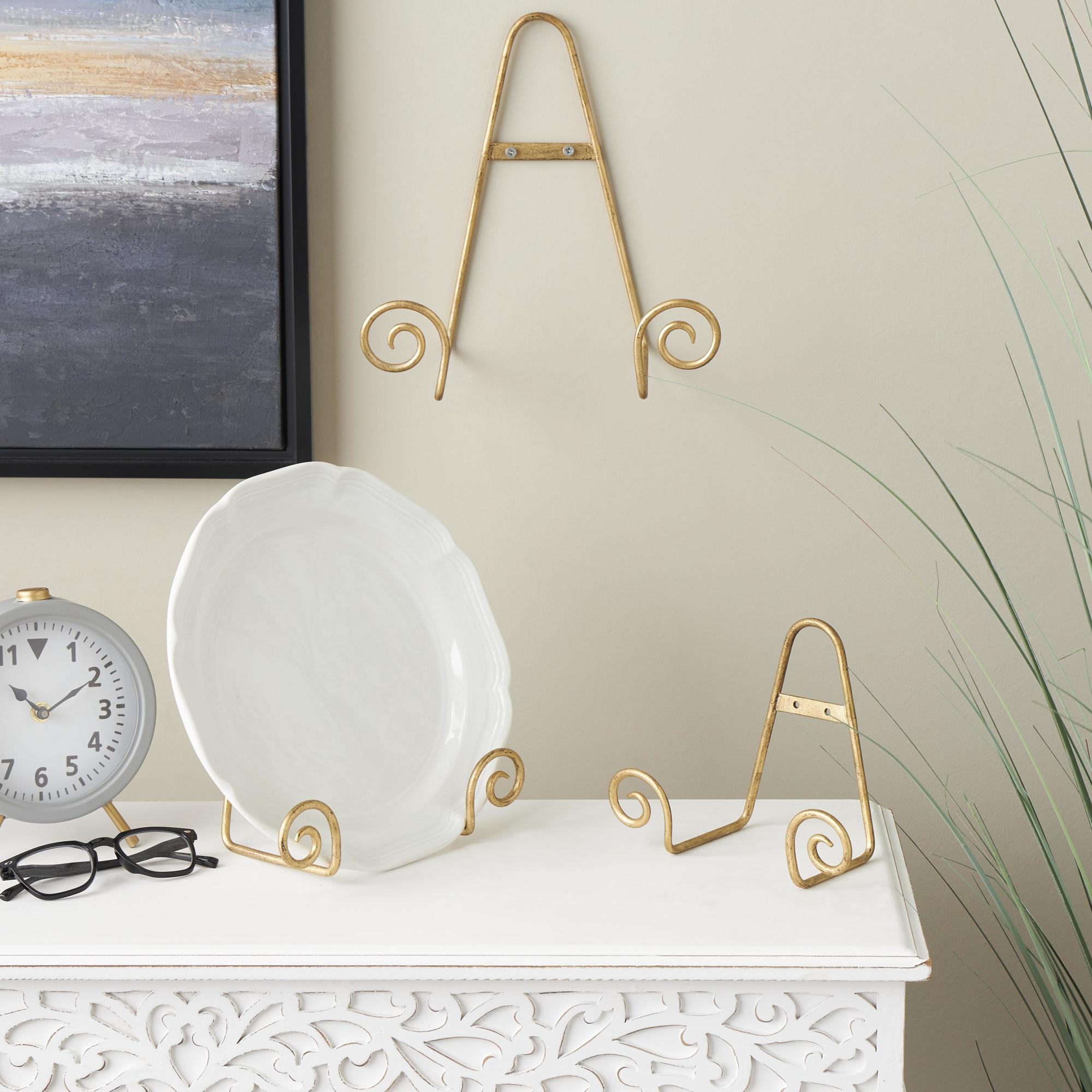 Set of 3 Scroll Gold Metal Tabletop Hanging Wall Rack Display Easel