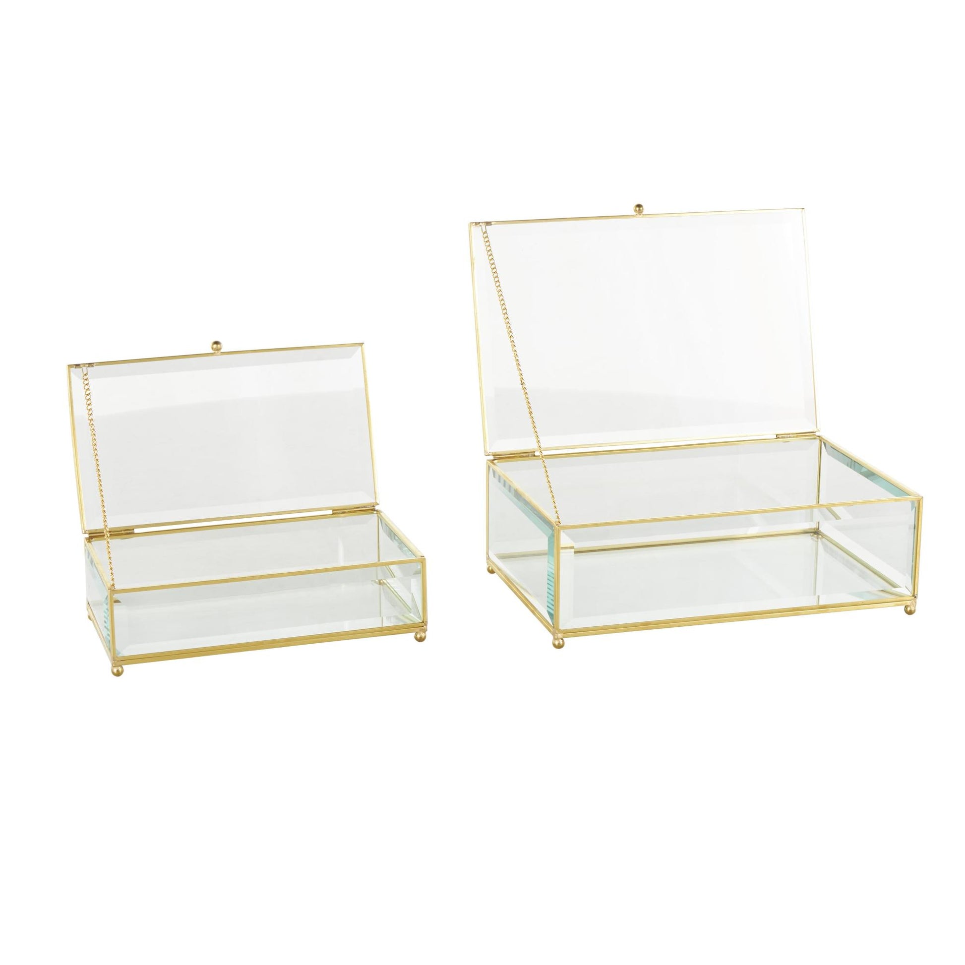 Set of 2 Clear Glass Beveled Decorative Jewelry Box with Gold Metal Frame and Chain Accent