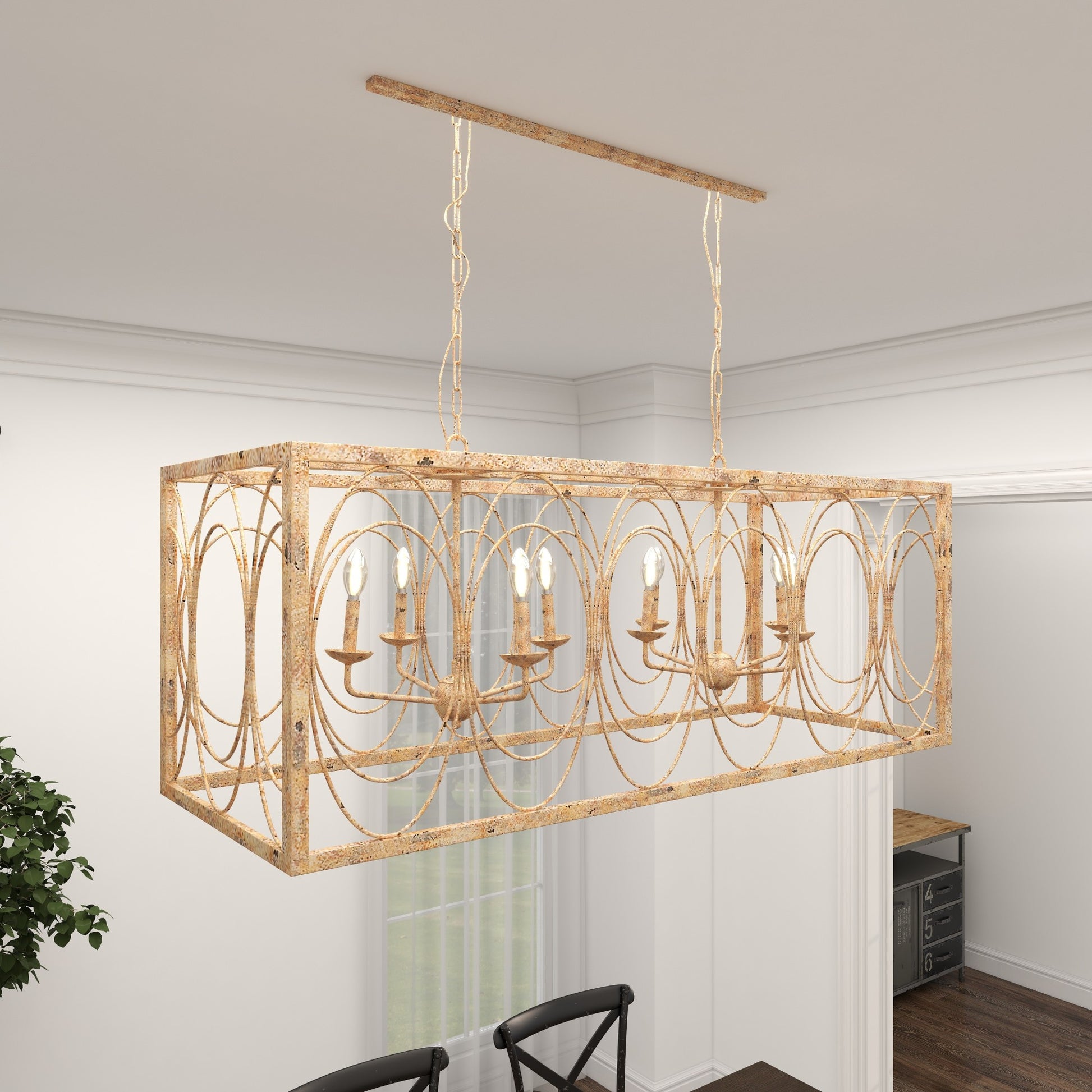 Gold Metal Distressed Caged 8 Light Room Chandelier with Link Style Chain
