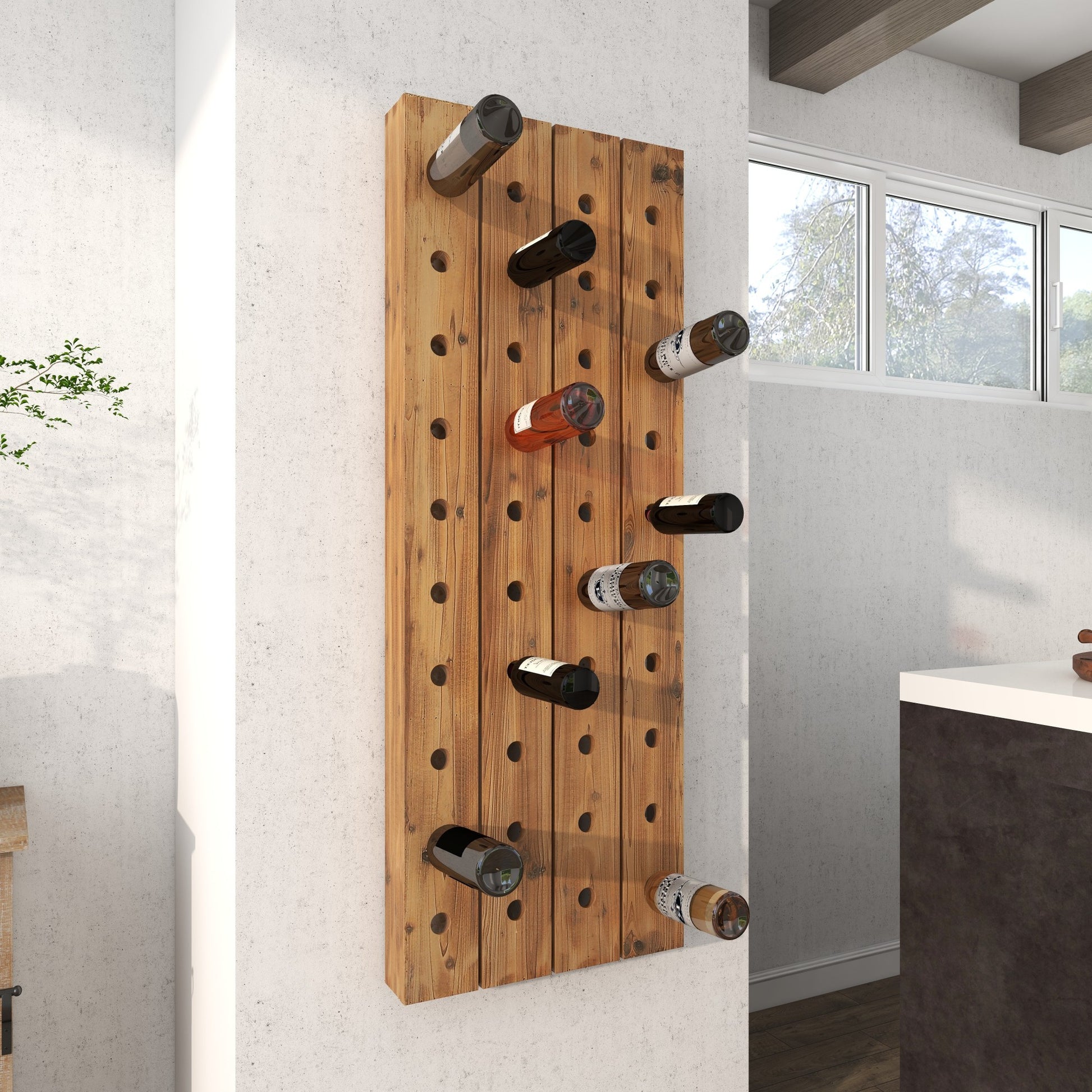 Brown Wood Tall 40 Hole Display Wall Wine Rack
