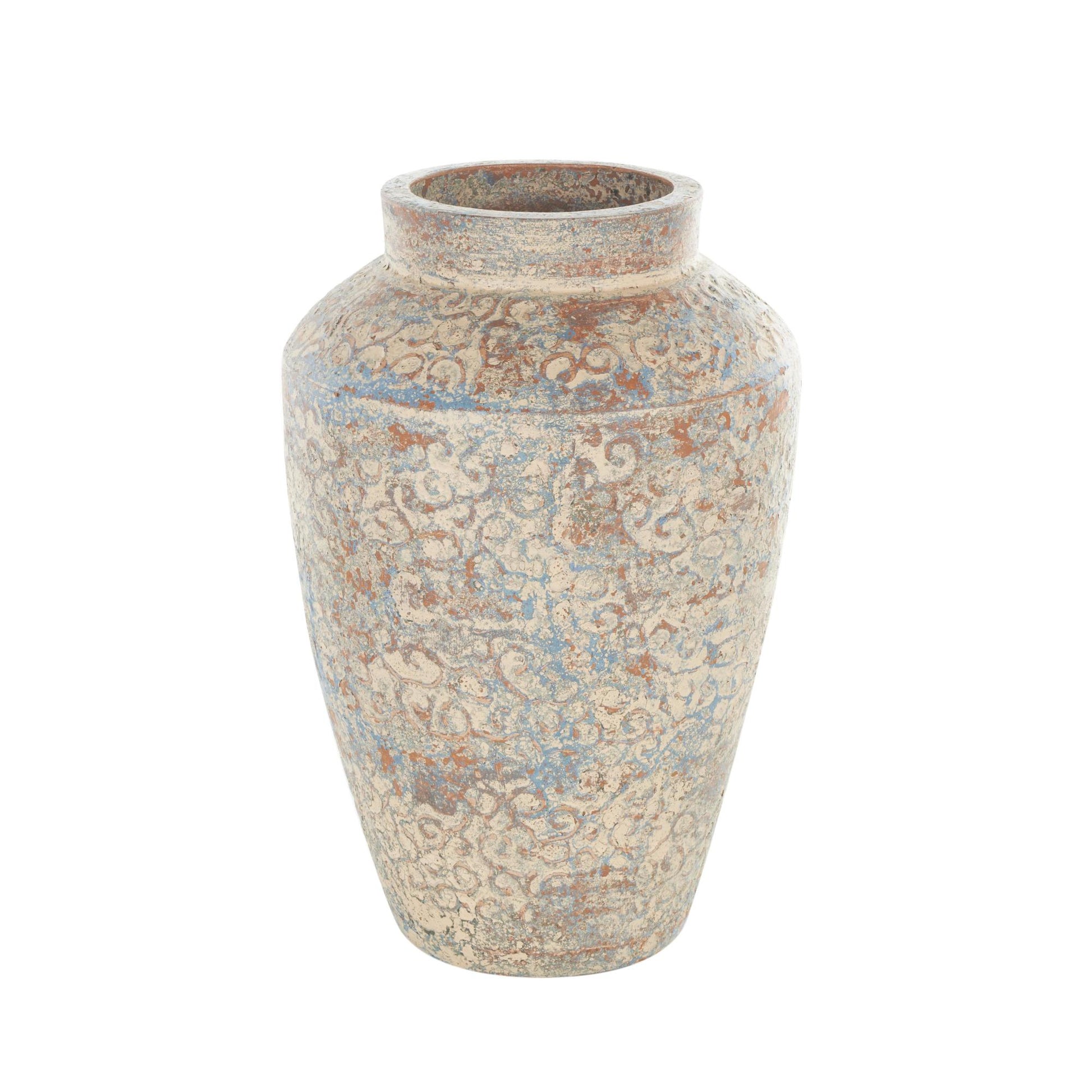 Scroll Beige Ceramic Handmade Antique Style Decorative Vase with Blue and Copper Accents