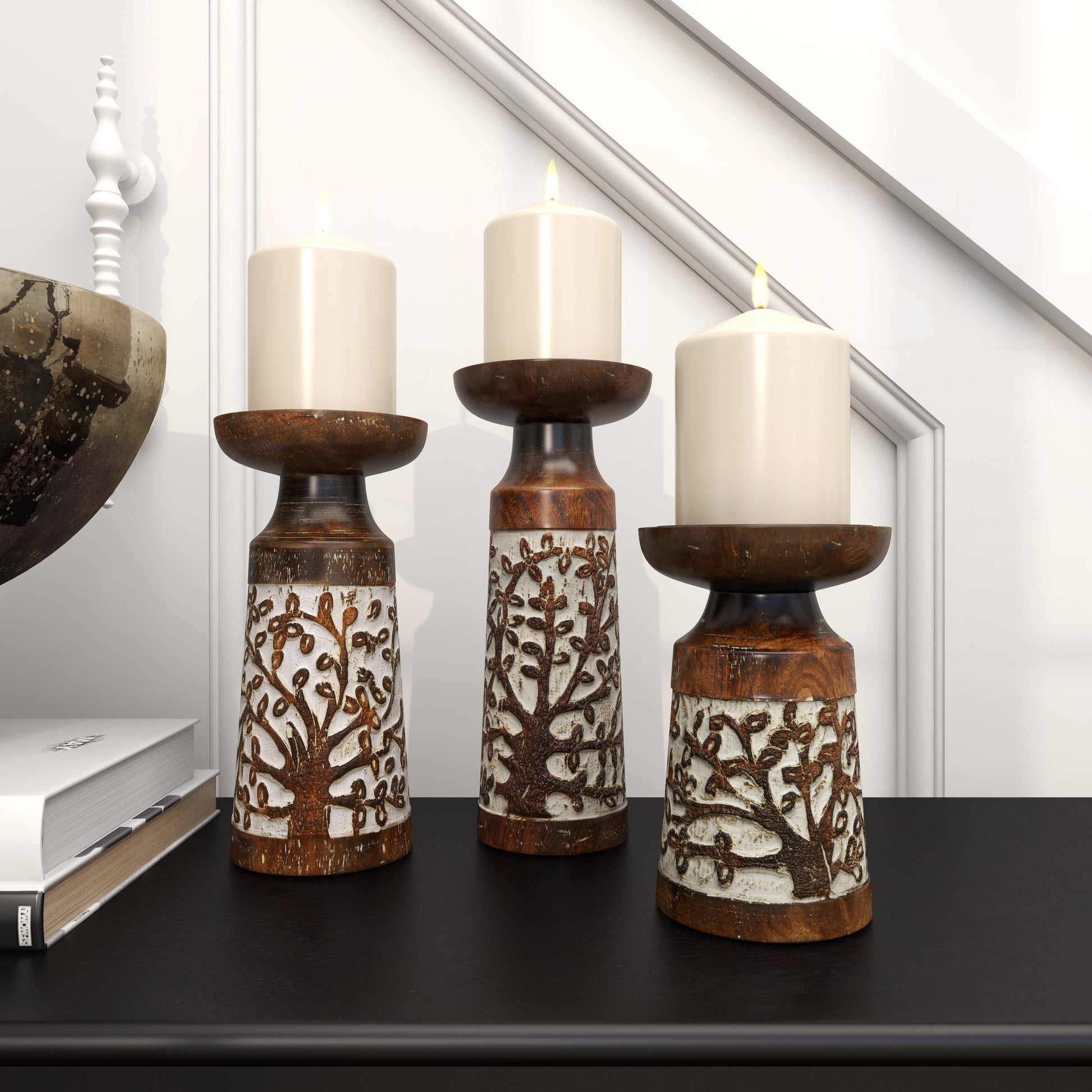 Set of 3 Floral Mango Wood Handmade Carved Pillar Decorative Candle Holder with Whitewashed Cream Backing Set of 3 10", 8", 6"H