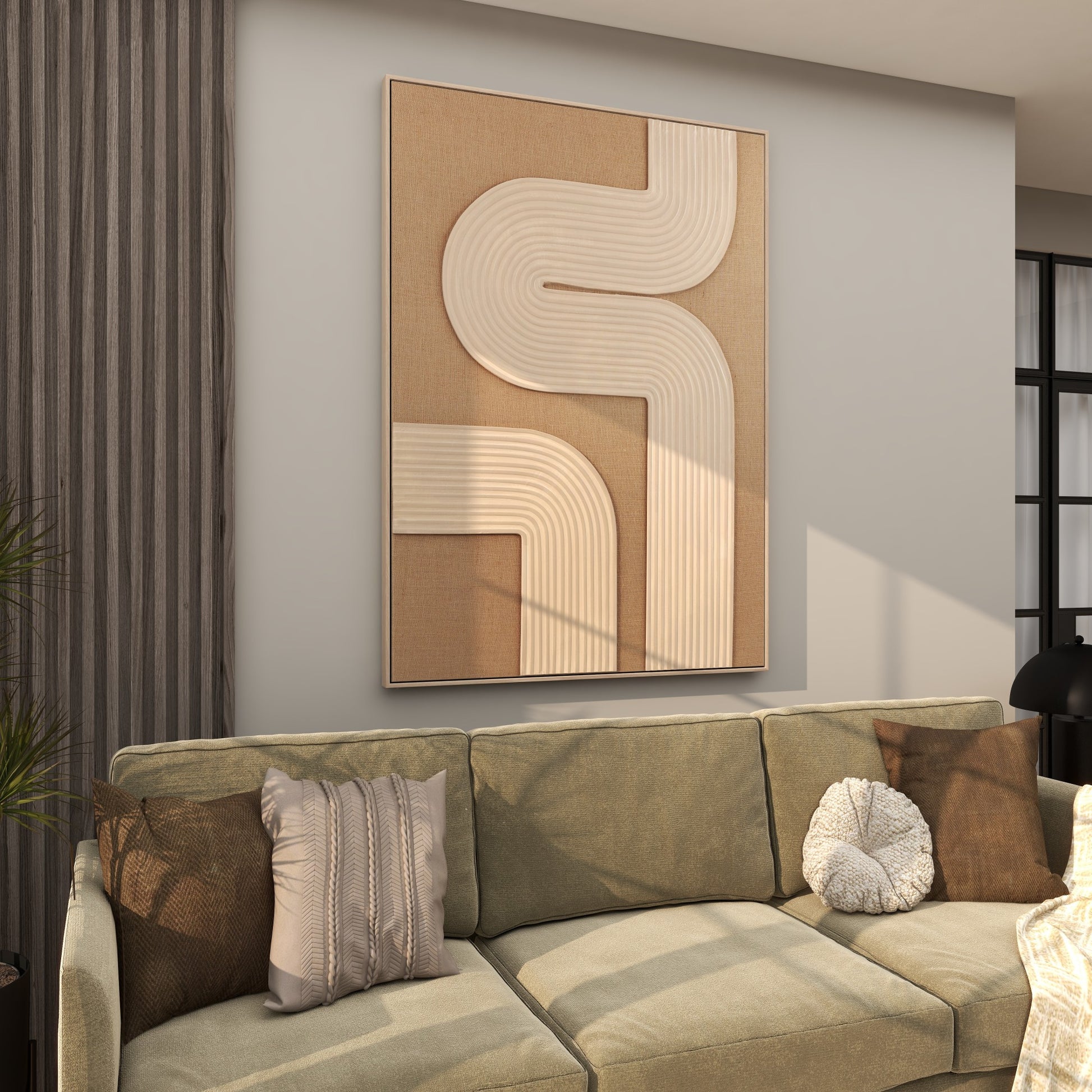 Abstract Brown Canvas Textured Living Room Framed Wall Art with Tan Ribbed Curve Shapes