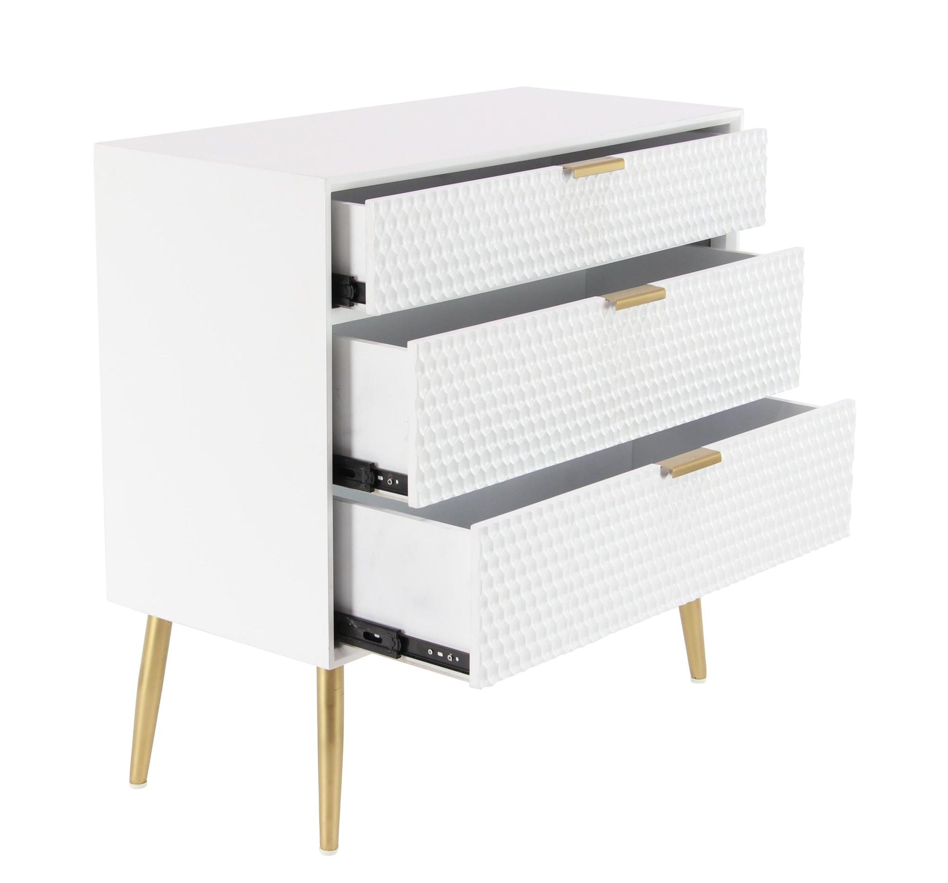 Geometric White Wooden 3 Drawer Room Chest with Gold Legs