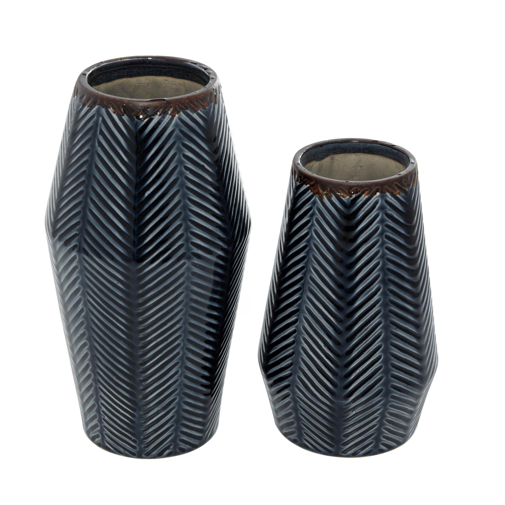 Set of 2 Dark Blue Ceramic Handmade Chevron Decorative Vase