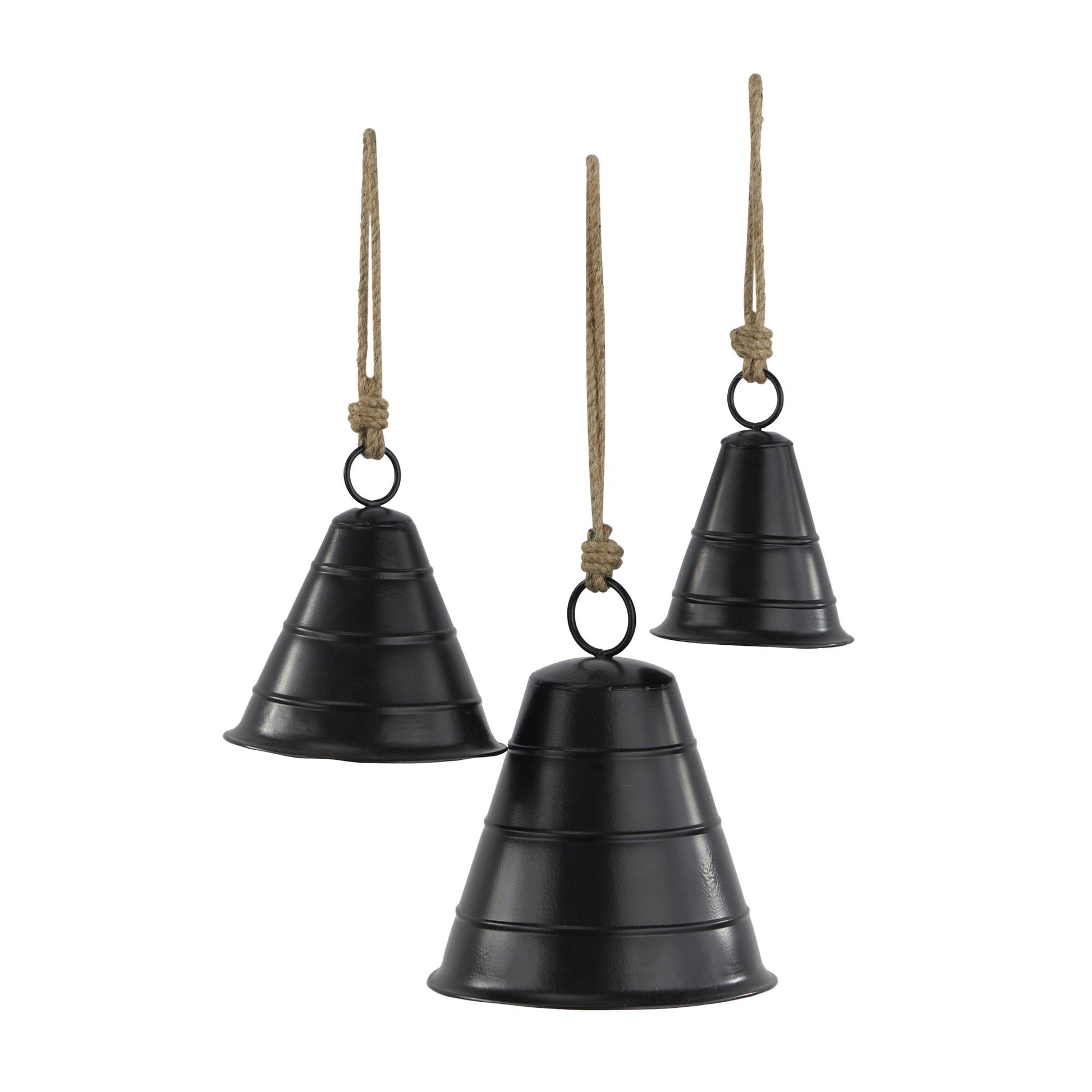 Set of 3 Metal Tibetan Inspired Indoor Outdoor Decorative Cow Bells with Jute Hanging Rope