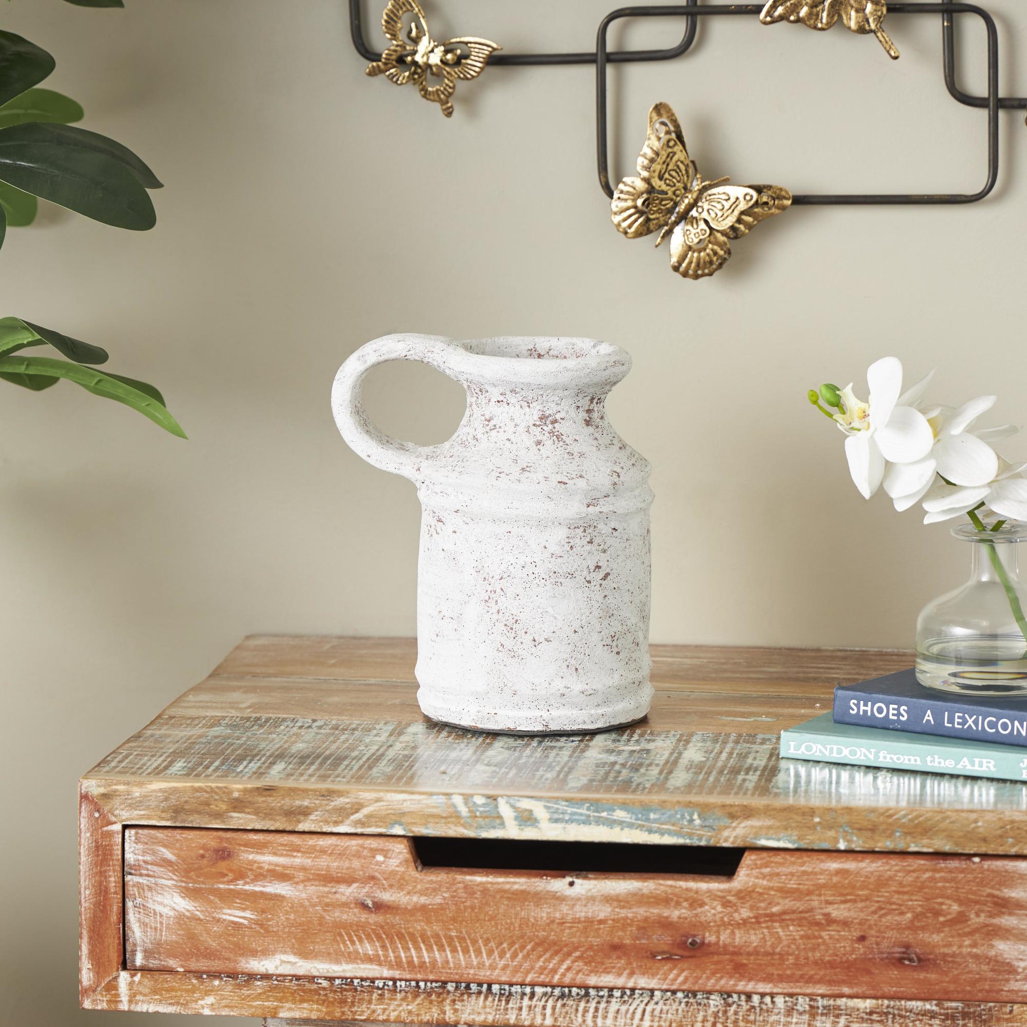 White Ceramic Antique Style Textured Decorative Vase with Terracotta Accents and Ring Handle