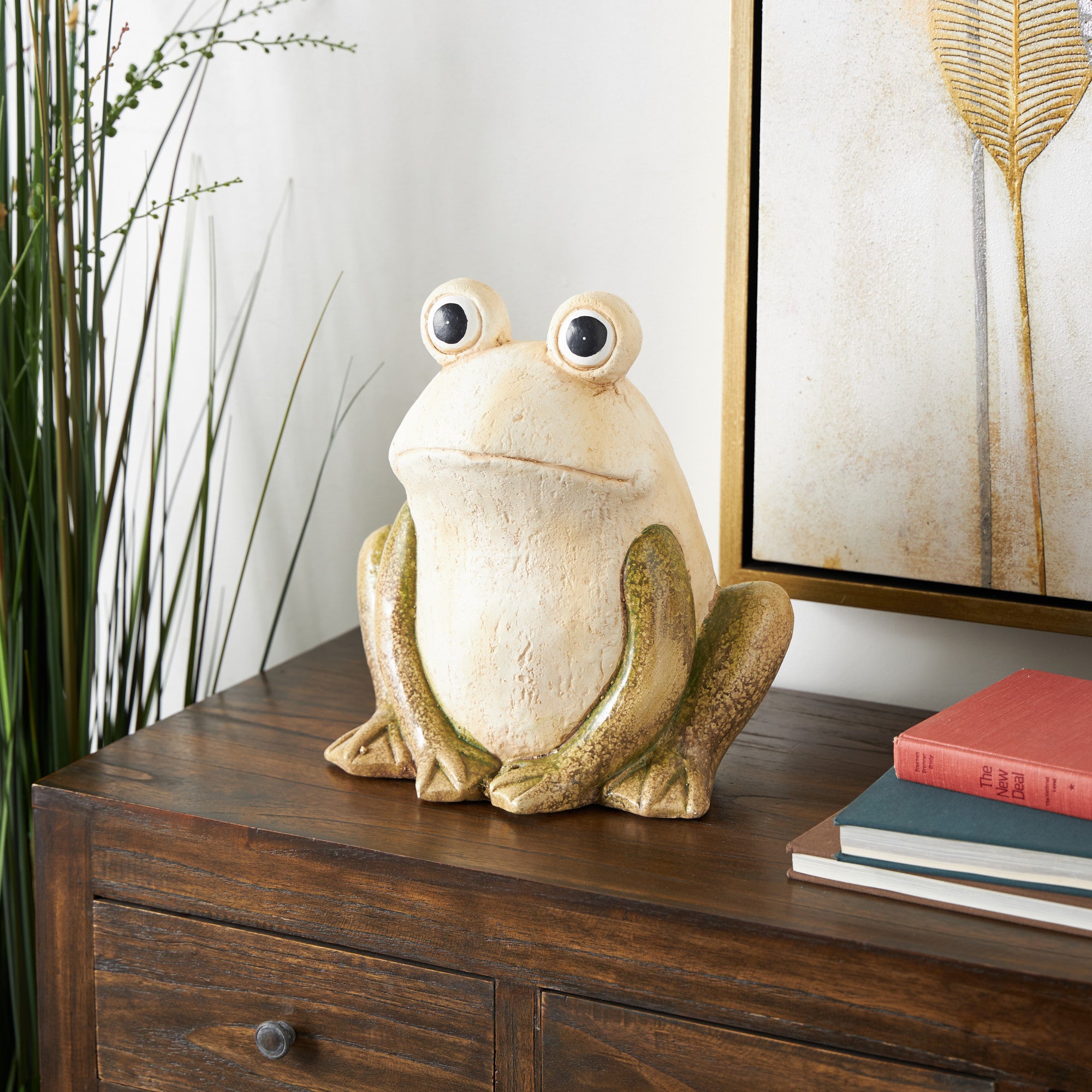 Frog Cream Magnesium Oxide Decorative Garden Sculpture with Brown and Green Accents