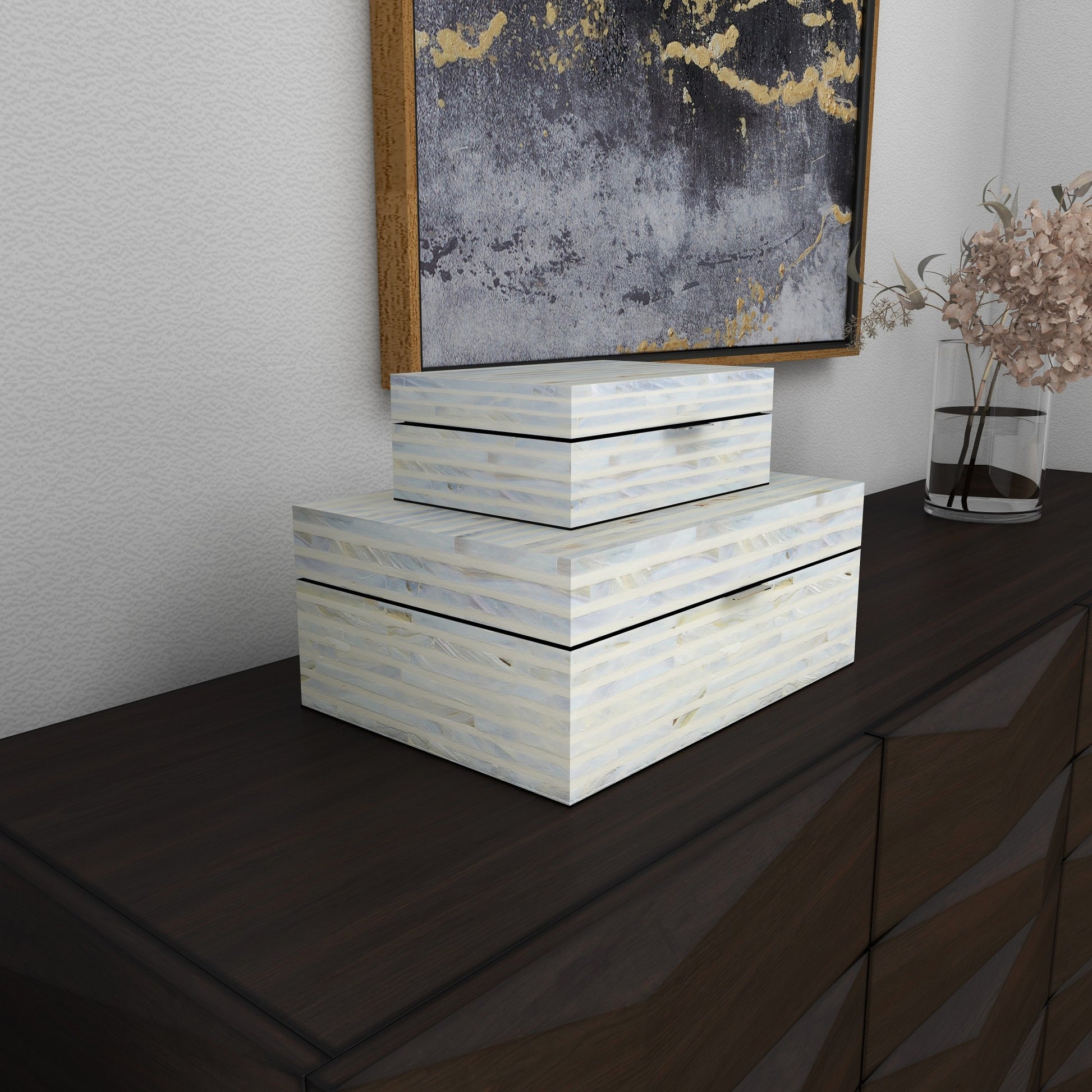 Set of 2 Light Blue Mother of Pearl Shell Handmade Decorative Box with Linear Mosaic Pattern and Hinged Lid