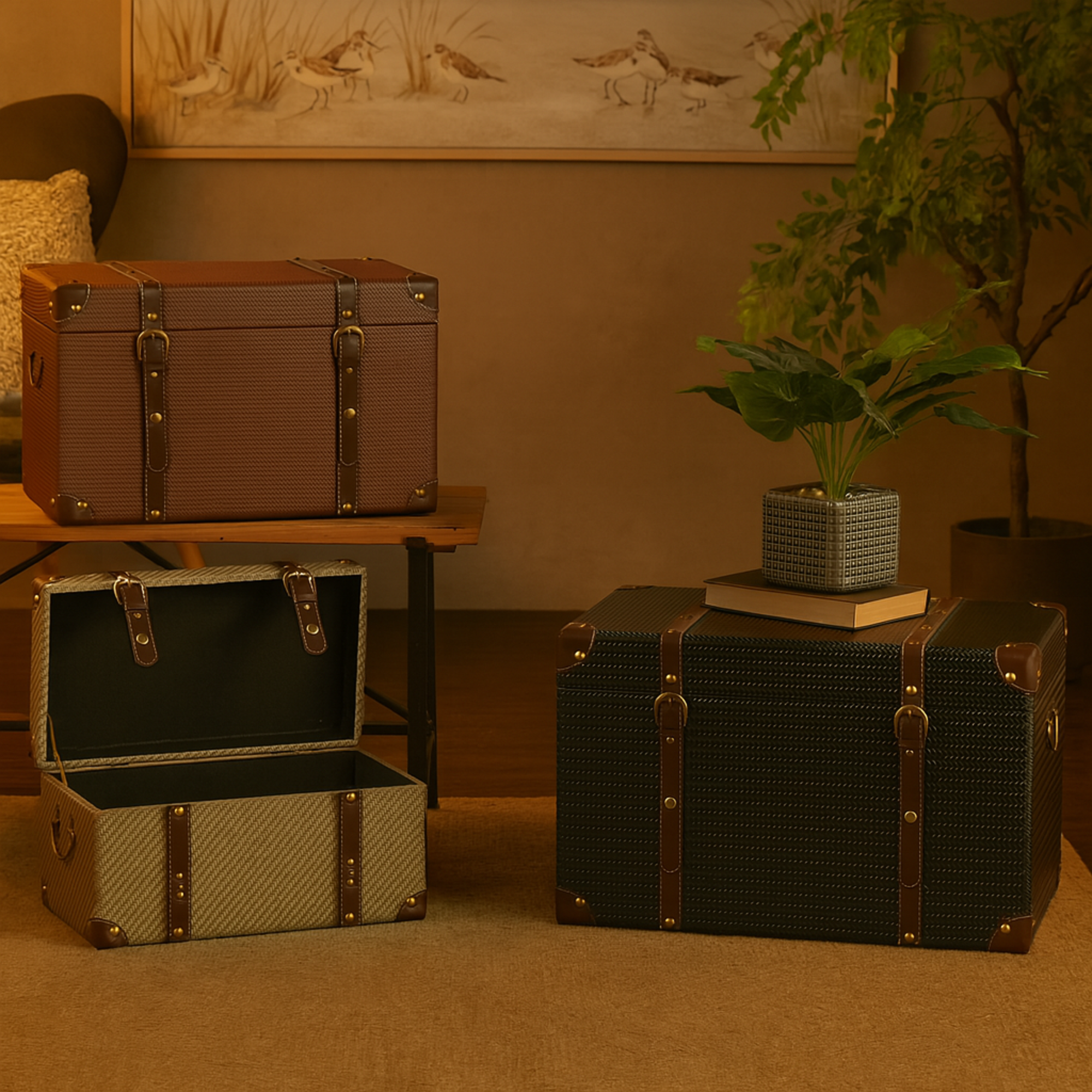 Set of 3 Multi Colored Wooden Vintage Studded Woven Storage Decorative Trunk with Brown Buckle Straps