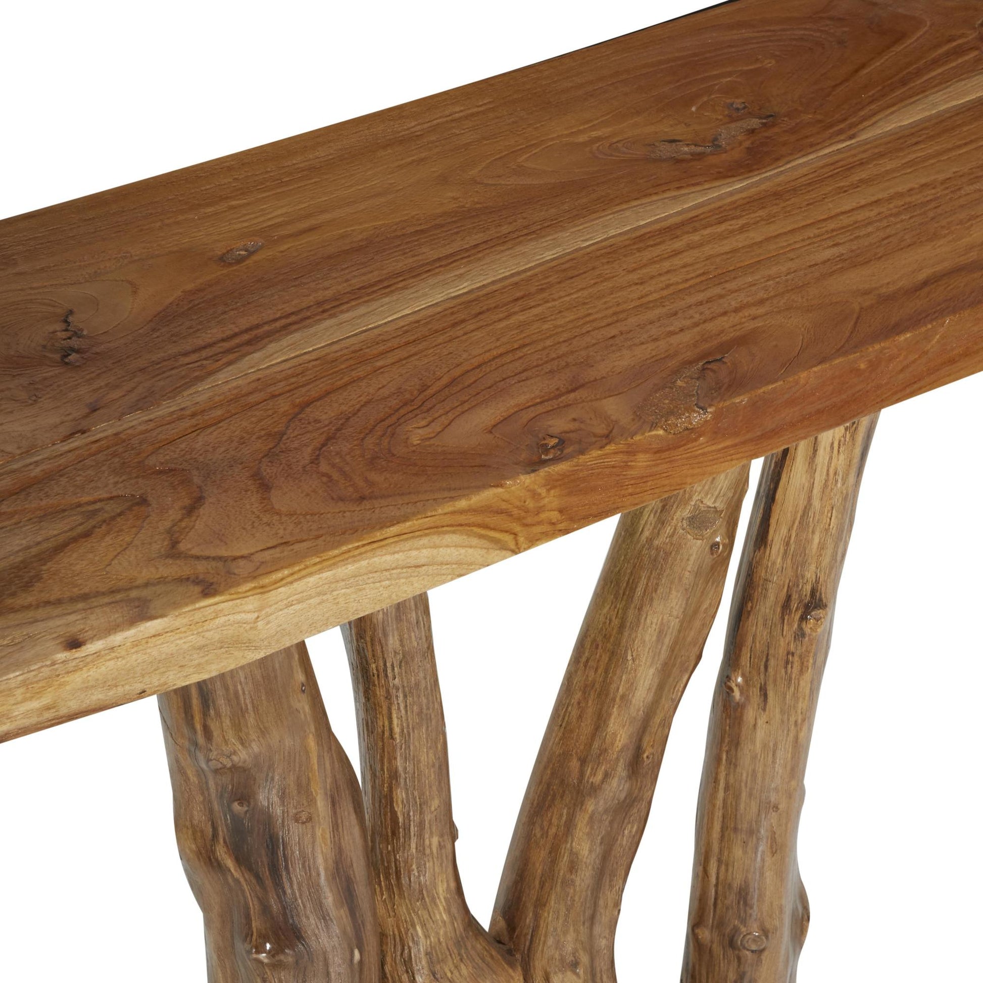 Brown Teak Wood Small Live Edge Tree Trunk Living Room Console Table