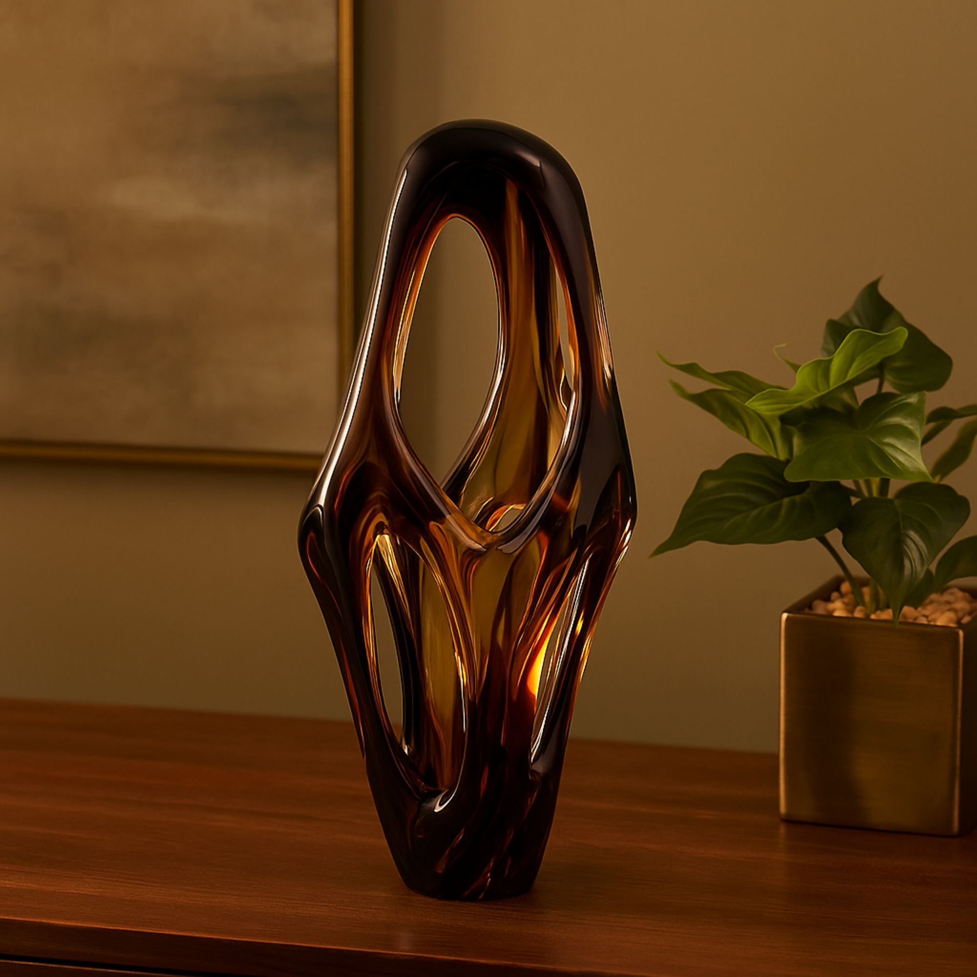 Abstract Yellow Glass Cutout Decorative Sculpture with Pink and Amber Accents