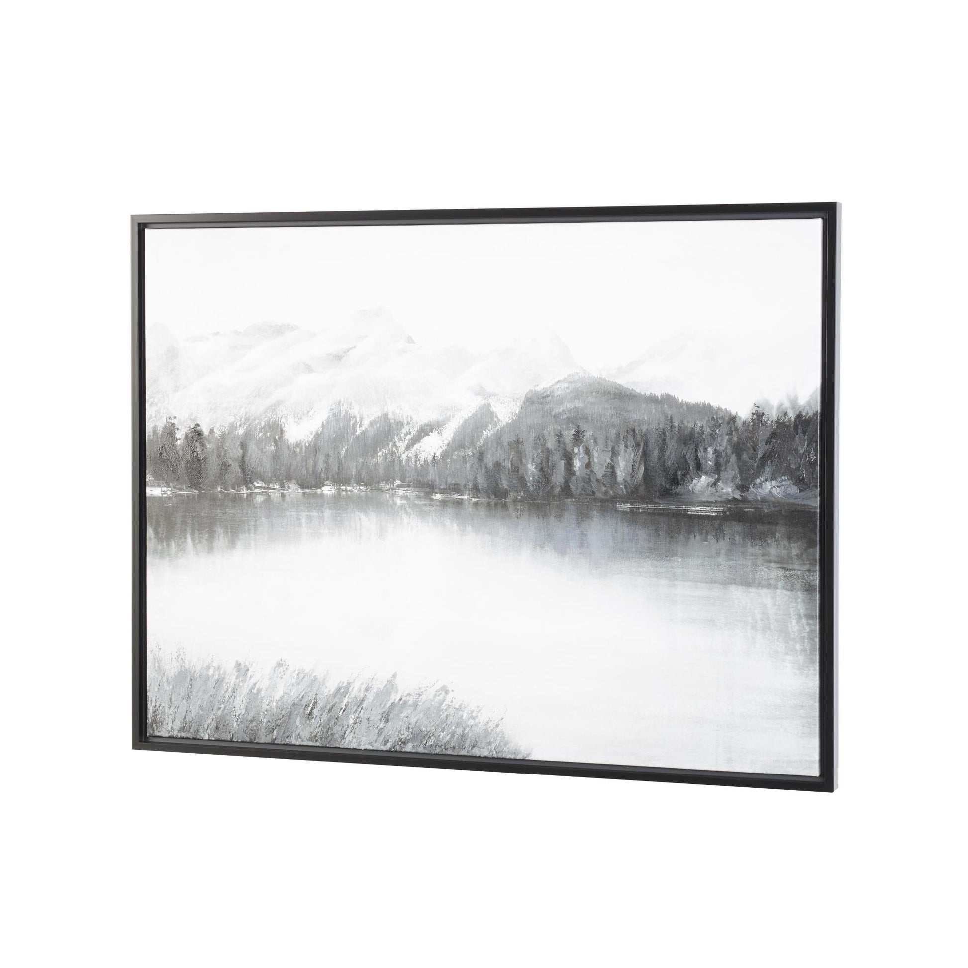 Landscape Gray Canvas Neutral Toned Lake and Mountain Living Room Framed Wall Art with Black Frame