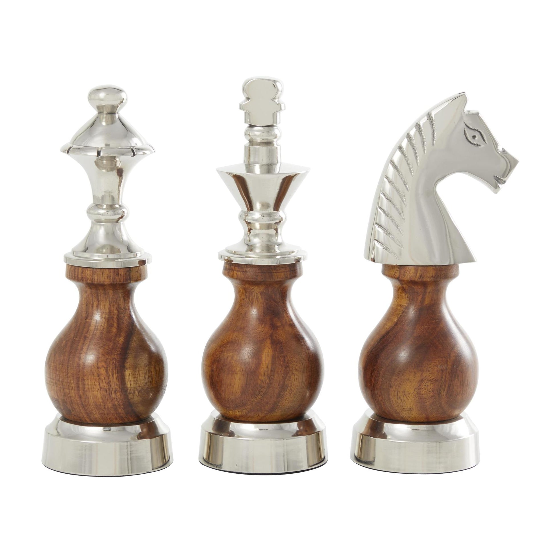 Set of 3 Chess Aluminum Metal King, Knight, Bishop Decorative Sculpture