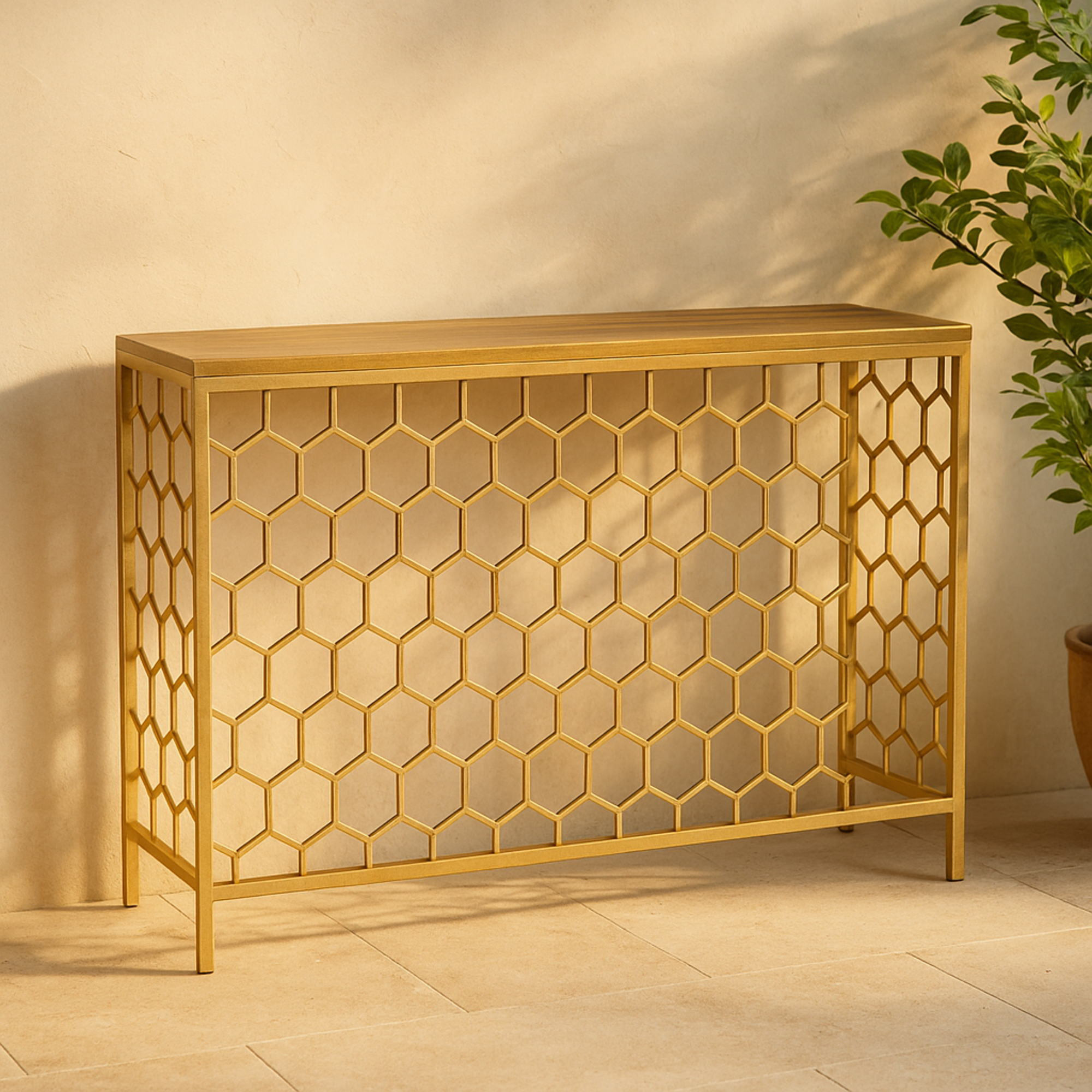 Geometric Gold Metal Honeycomb Pattern Living Room Console Table with Brown Wood Top