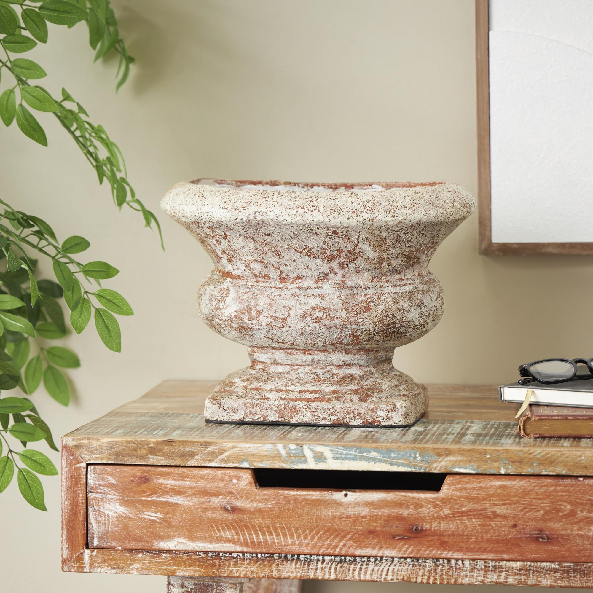 Brown Ceramic Antique Style Textured Wide Decorative Vase with Copper Accents