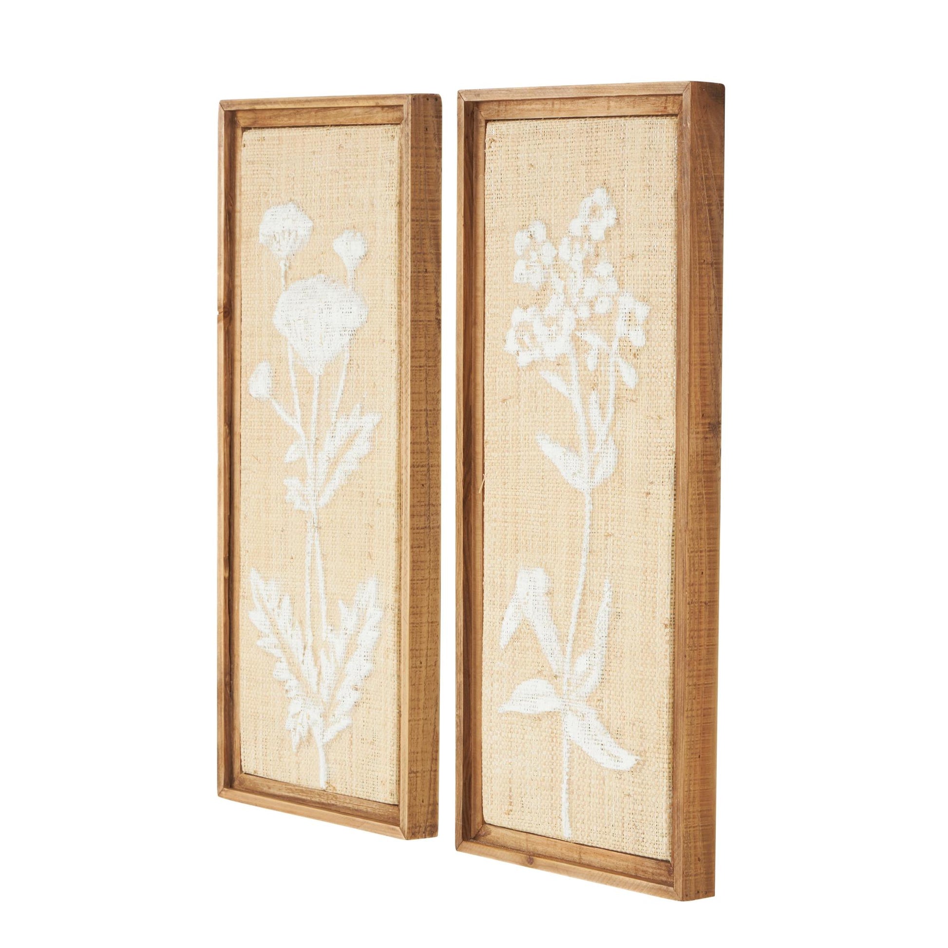 Set of 2 Floral Cream Wood Textured Living Room Framed Wall Art with White Painted Accents