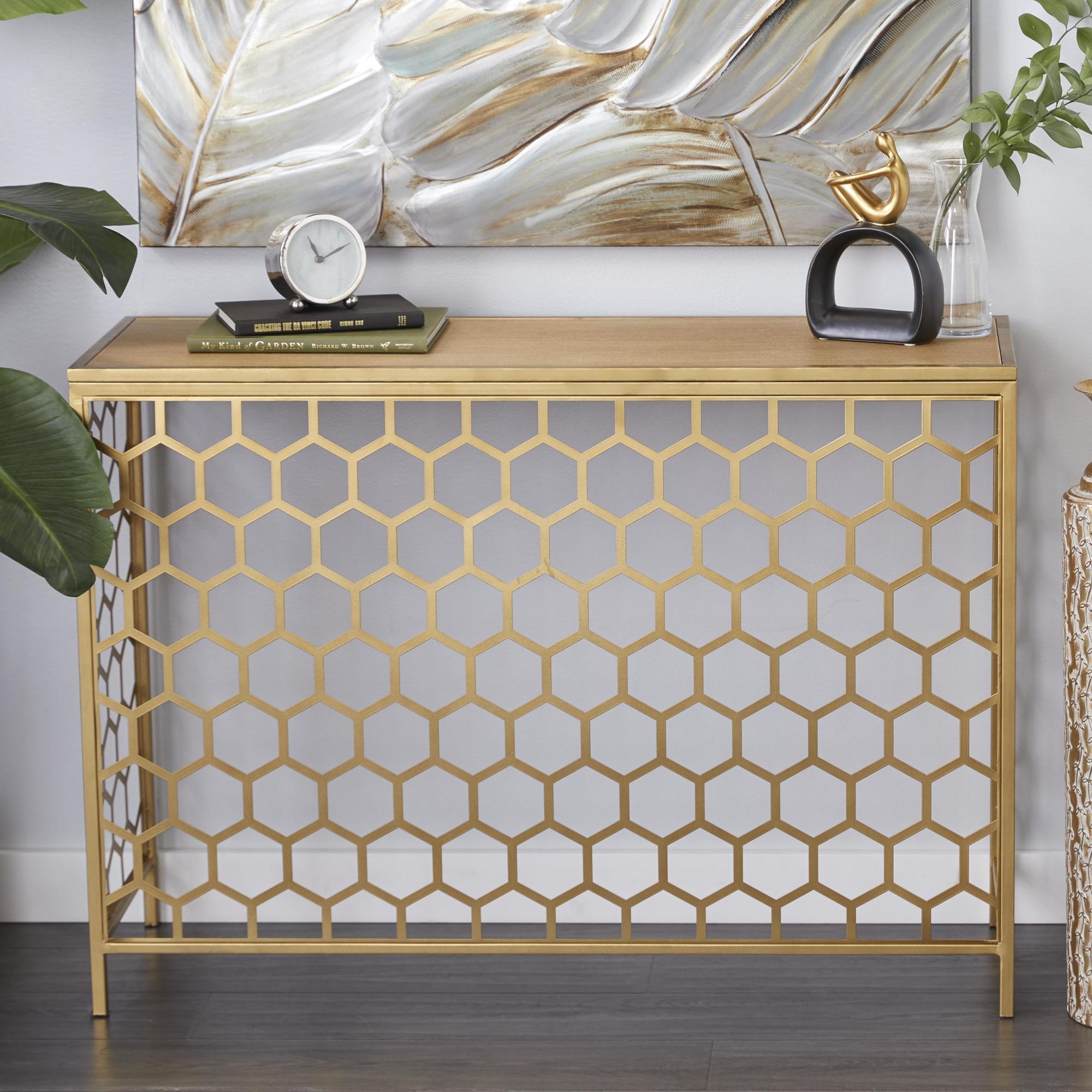 Geometric Gold Metal Honeycomb Pattern Living Room Console Table with Brown Wood Top