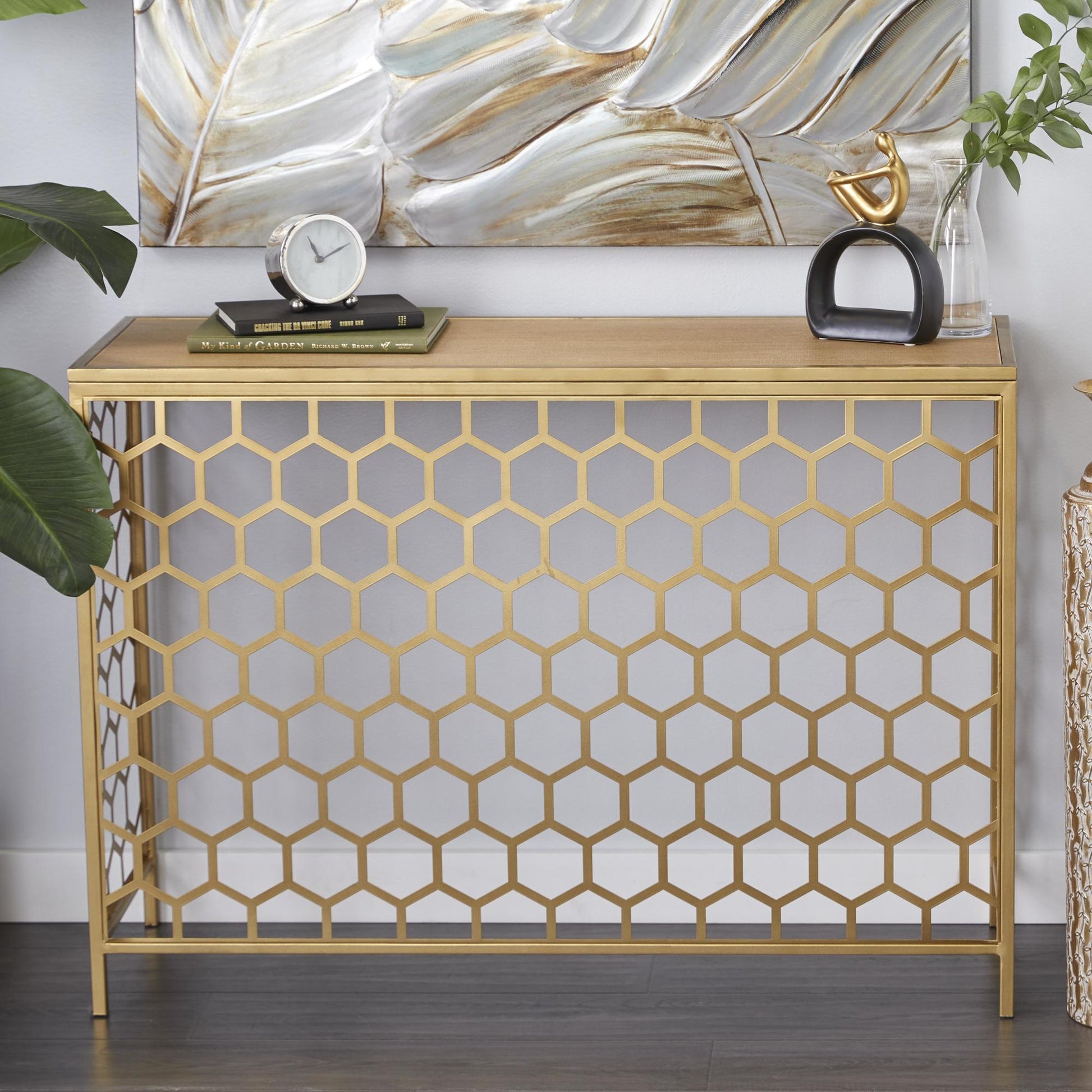 Geometric Gold Metal Honeycomb Pattern Living Room Console Table with Brown Wood Top