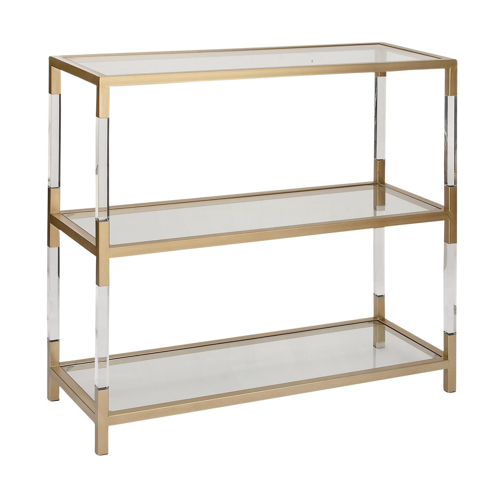 Gold Metal 2 Shelf Living Room Console Table with Clear Glass Top and Acrylic Legs