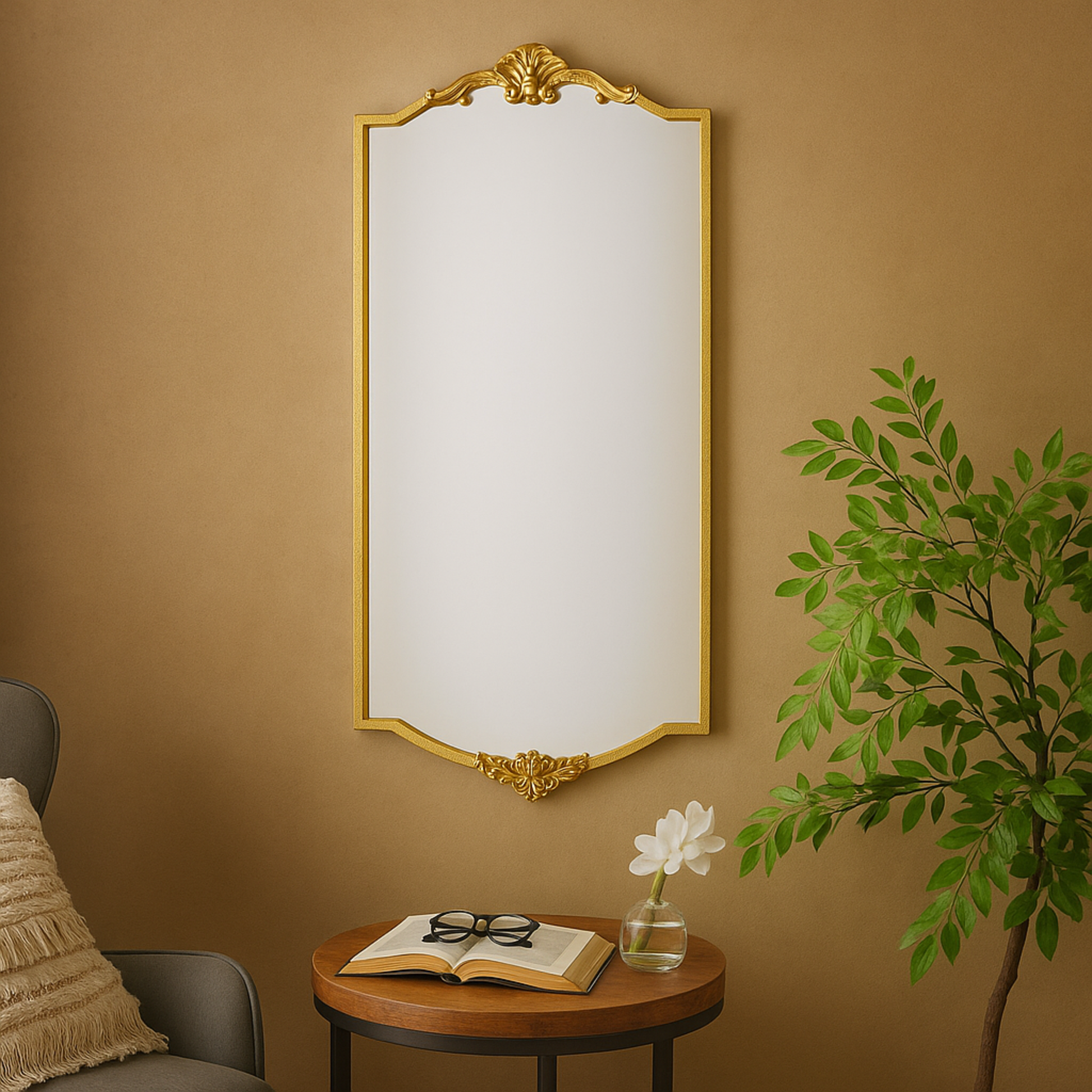Floral Gold Metal Room Wall Mirror with Floral Embellishments