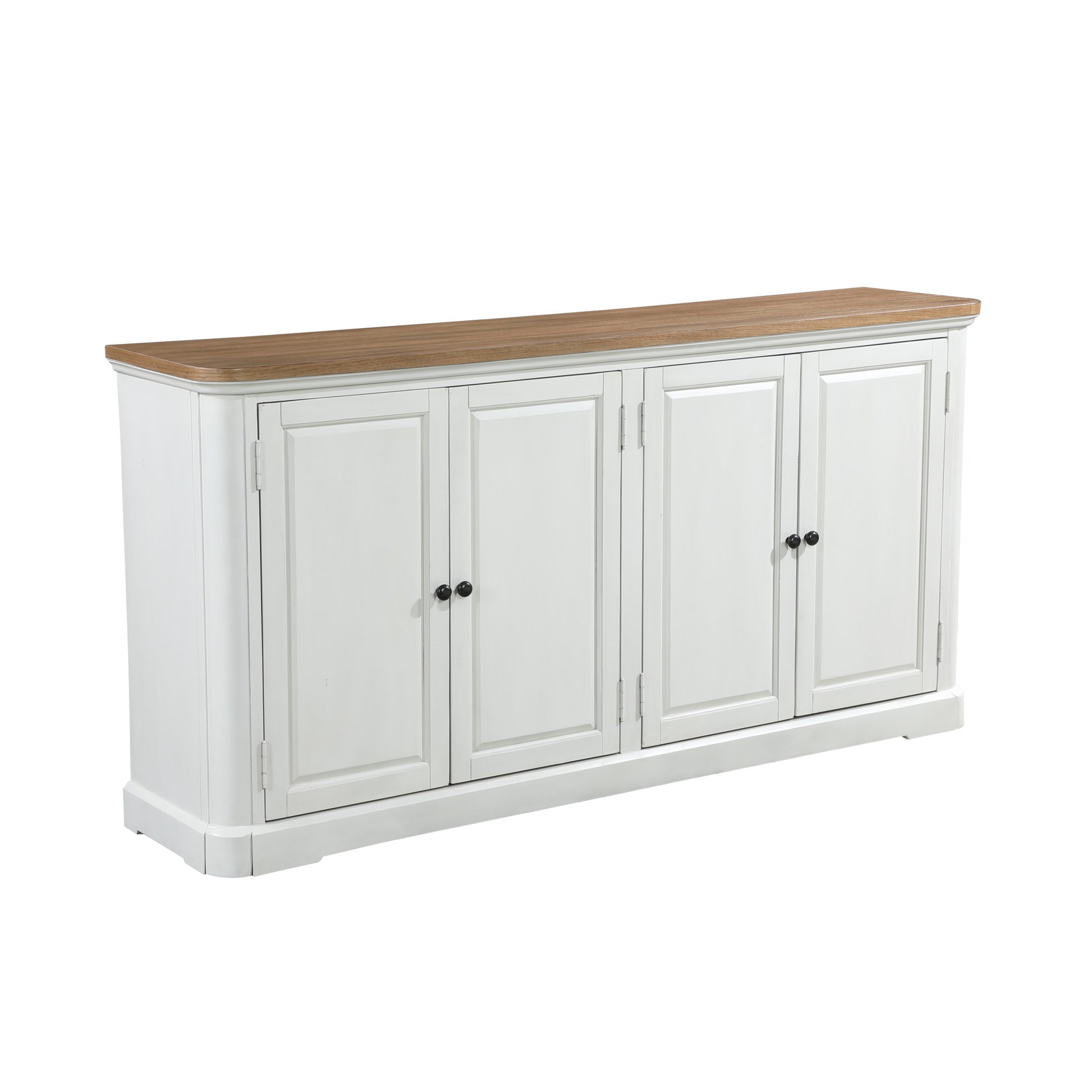 White Wood 4 Door Media Credenza Sideboard with Brown Wood Top and Black Round Knobs
