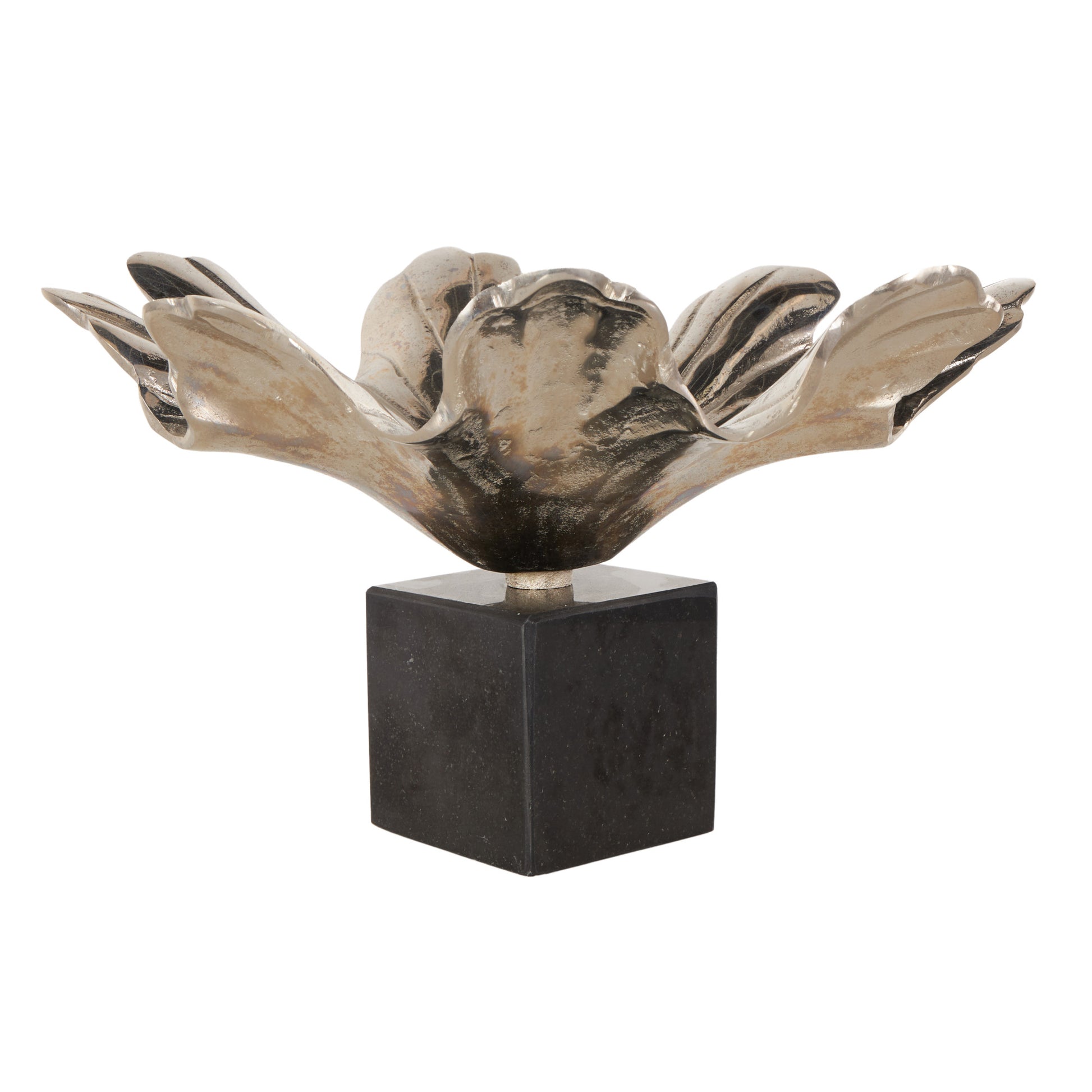 Floral Aluminum Metal Large Decorative Bowl with Black Marble Base