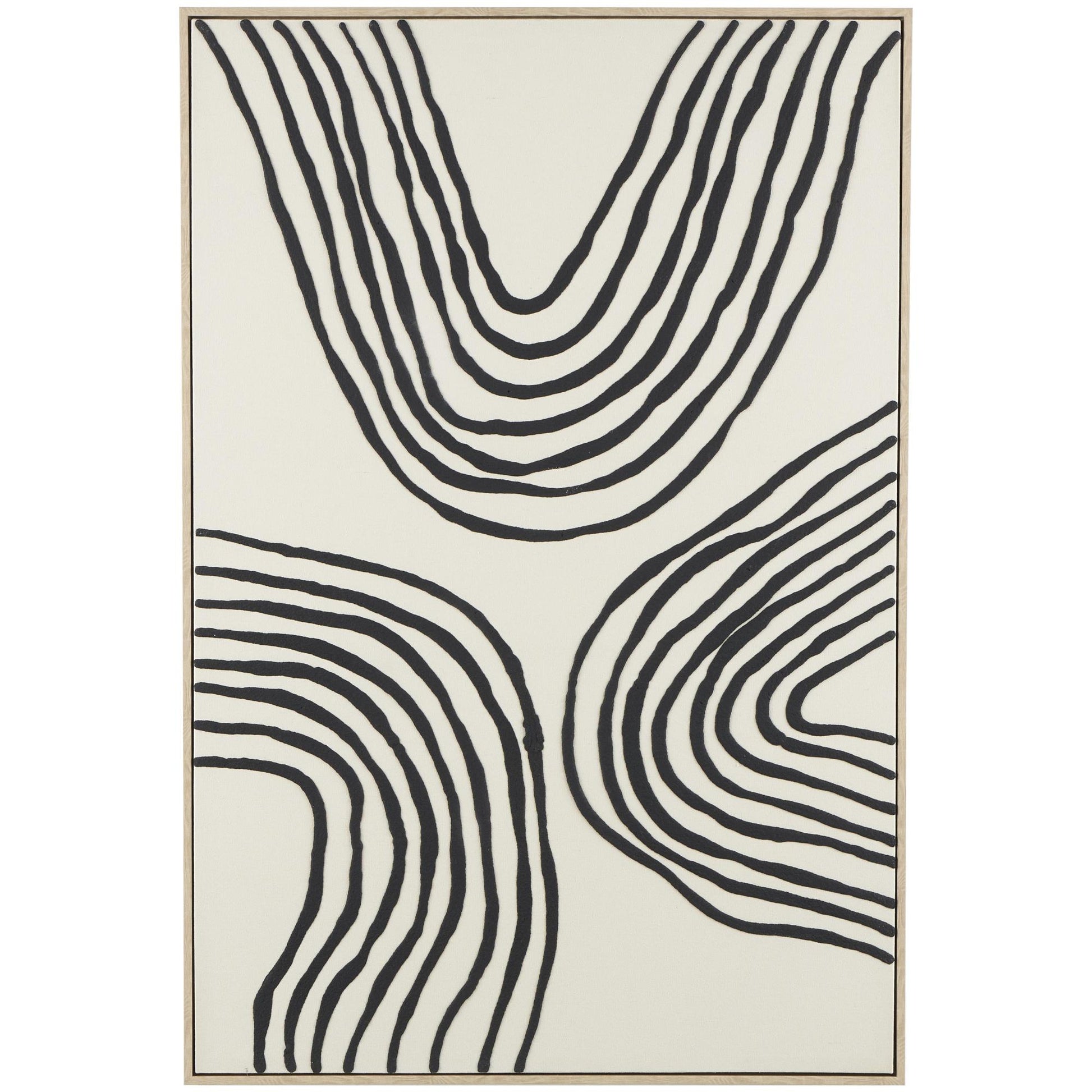 Abstract Black Wooden Wavy Line Living Room Framed Wall Art with Black Wooden Frame