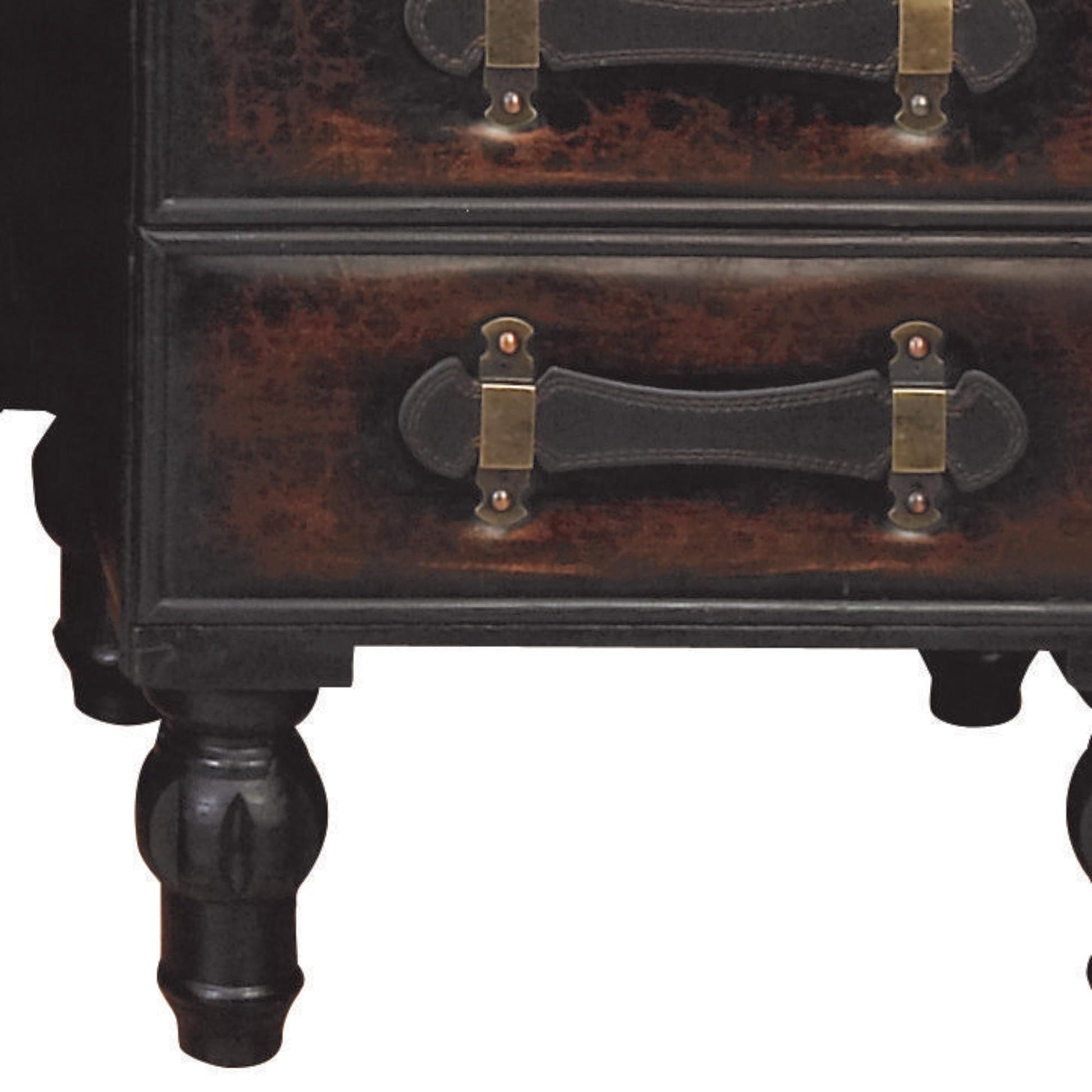 Set of 3 Brown Faux Leather Vintage 4 Drawer Room Storage Bench with Strap Handles and Turned Legs