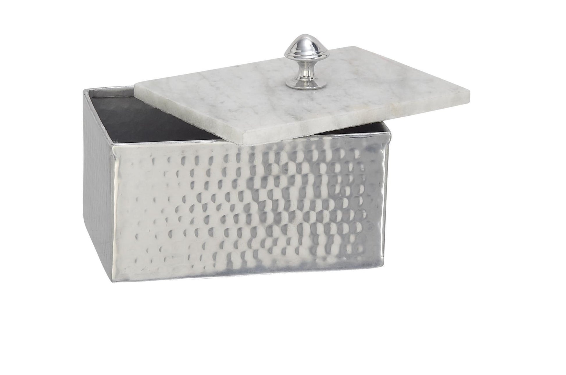 Silver Aluminum Metal Hammered Decorative Jewelry Box with White Marble Lid