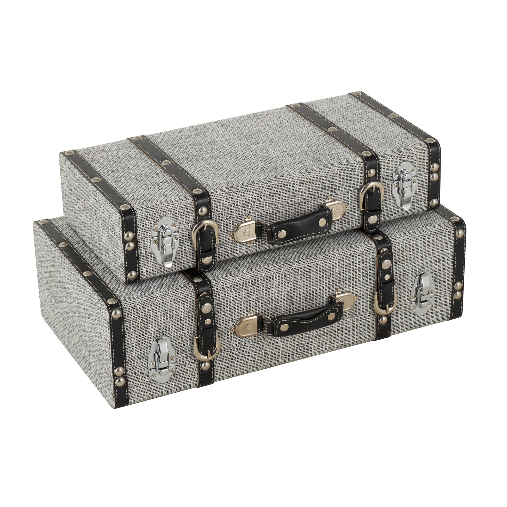 Set of 2 Gray Fabric Woven Storage Decorative Trunk with Silver Latches and Buckles