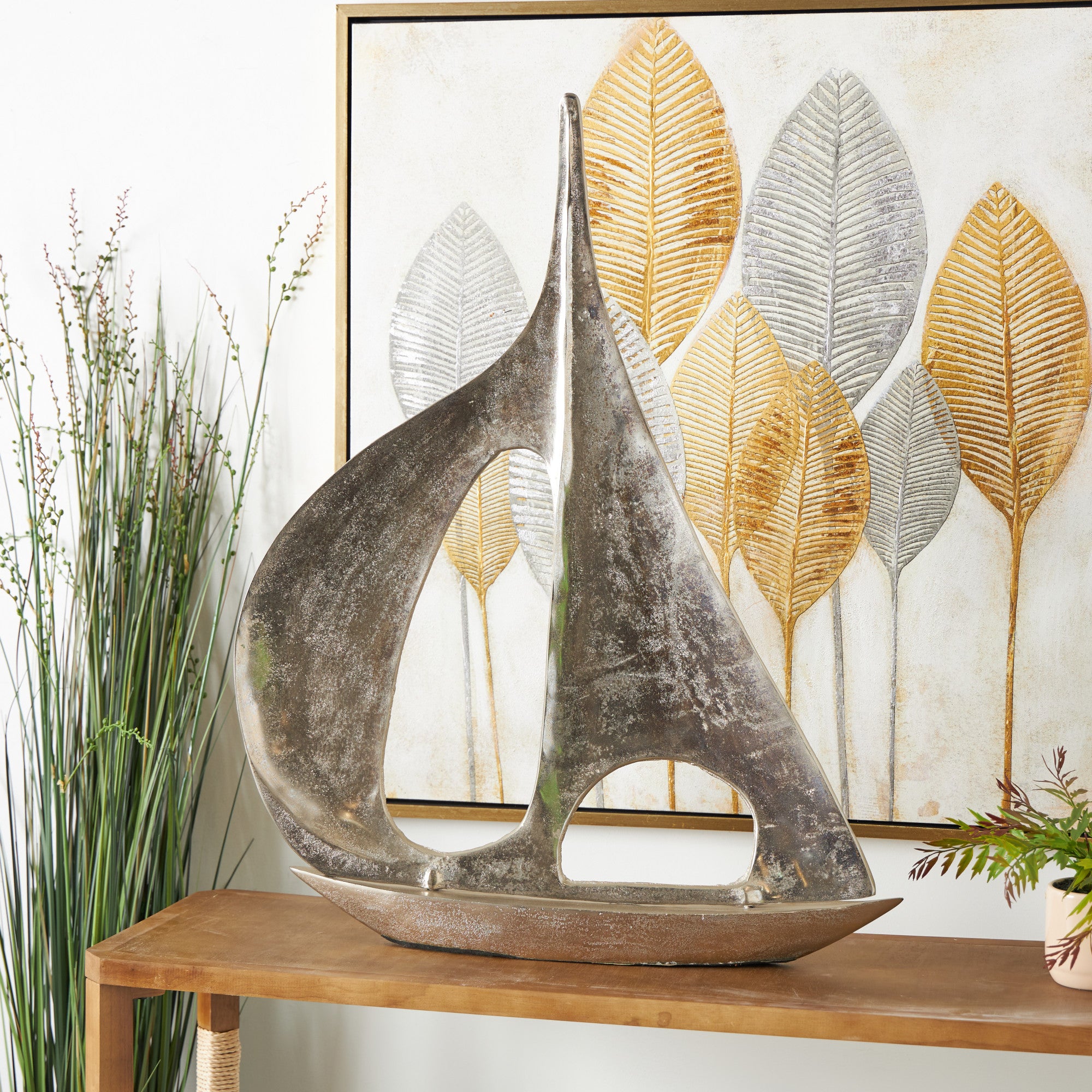 Sail Boat Silver Aluminum Metal Decorative Sculpture