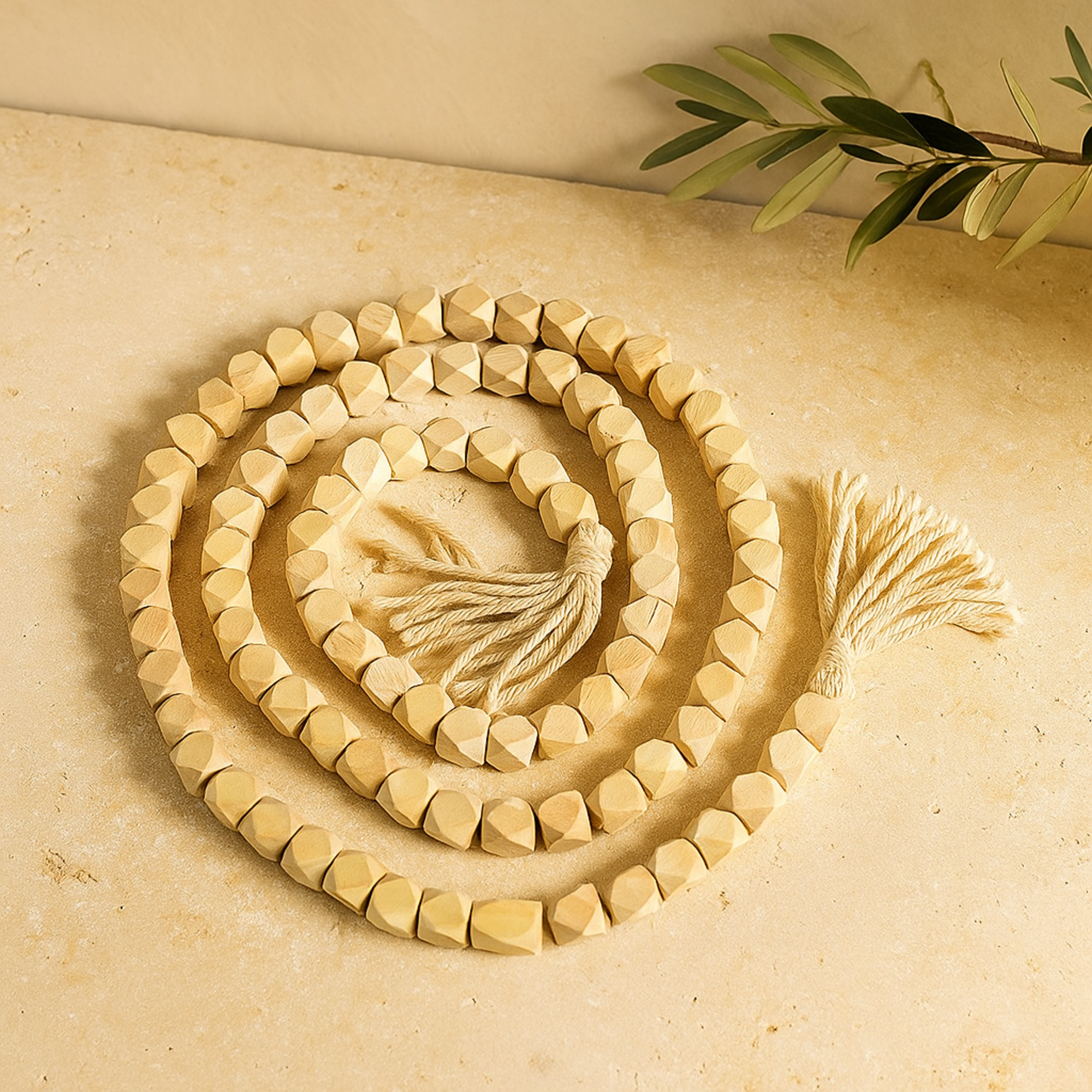 Mango Wood Handmade Hexagon Carved Geometric Long Beaded Garland with Tassel