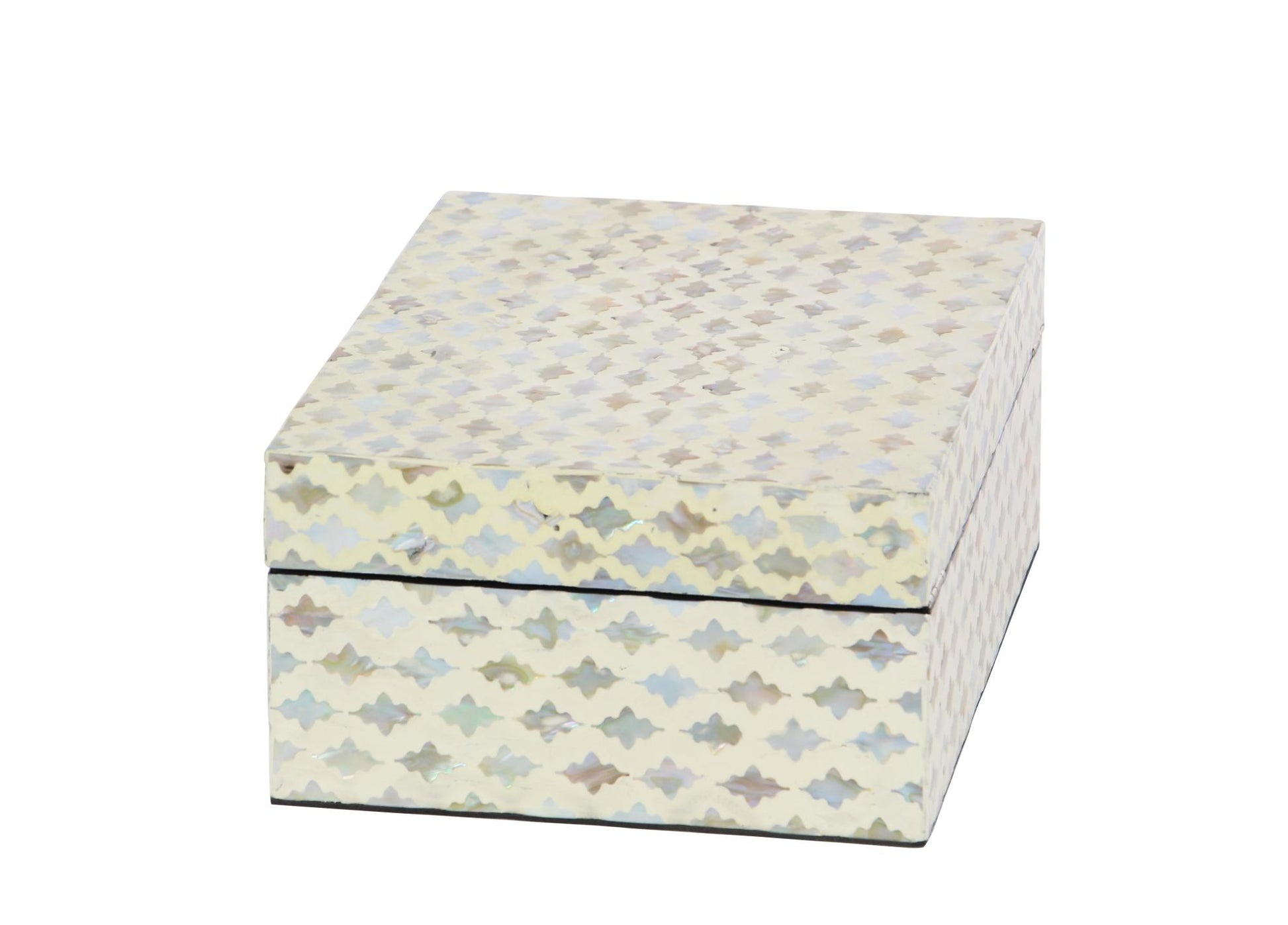 Set of 2 Geometric Cream Mother of Pearl Shell Handmade Storage Decorative Box with Hinged Lid