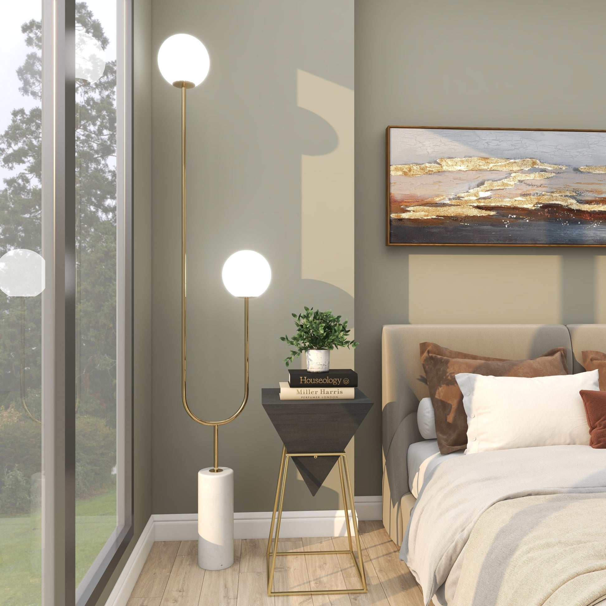 Metal Curved Orb 2 Light Room Floor Lamp with White Glass Shades and Marble Base 16" x 7" x 73"