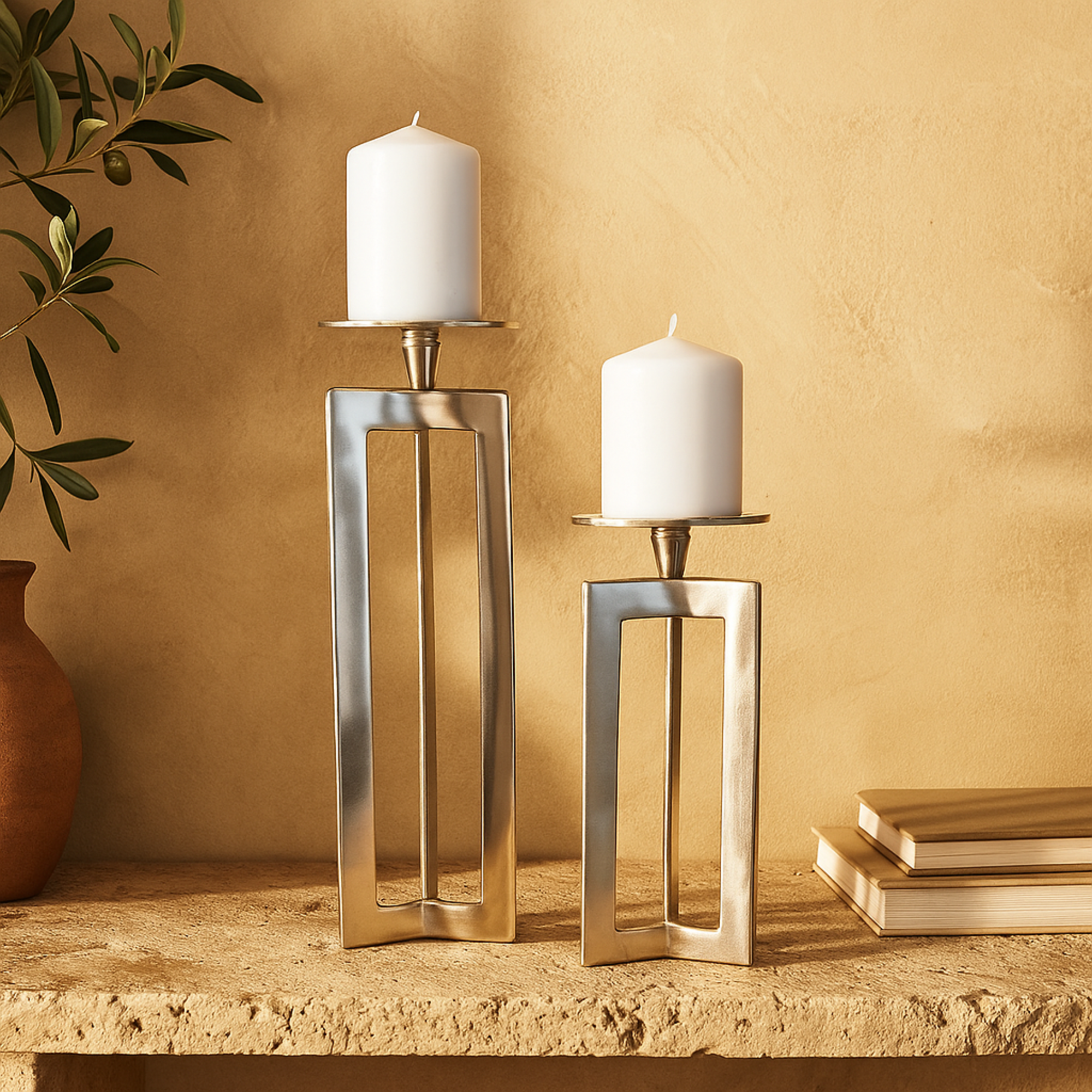 CosmoLiving by Cosmopolitan Set of 2 Geometric Aluminum Metal Pillar Decorative Candle Holder